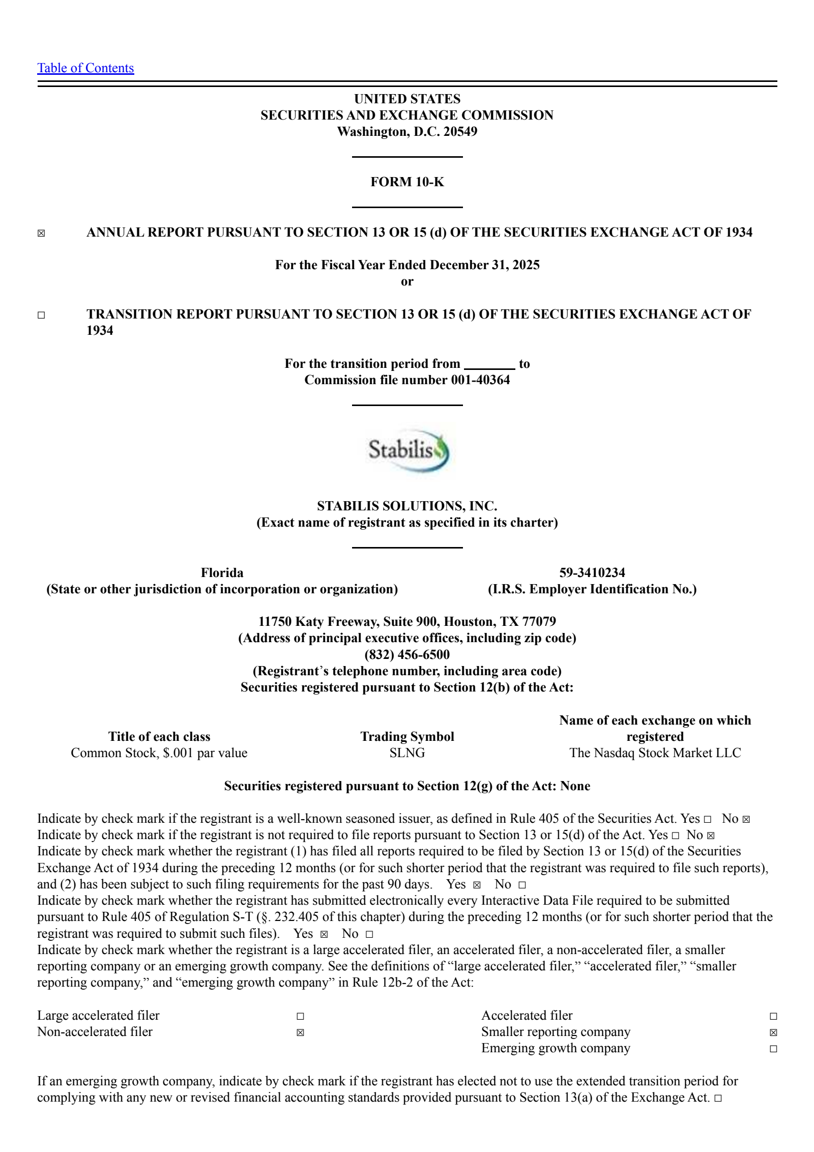 Stabilis Solutions' Q4 2025 Annual report