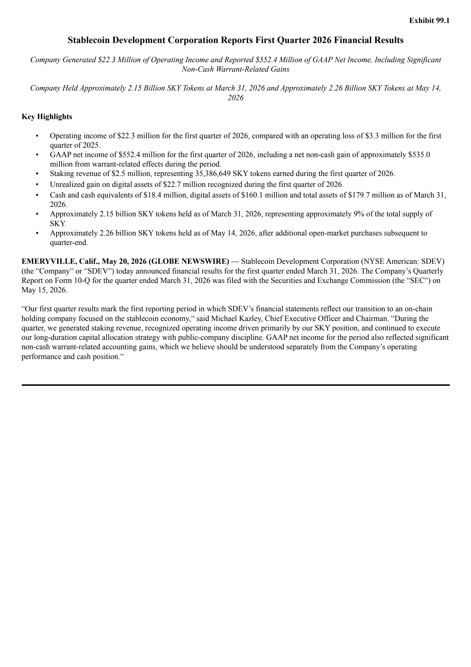 Stablecoin Development's Q1 2026 Press Release