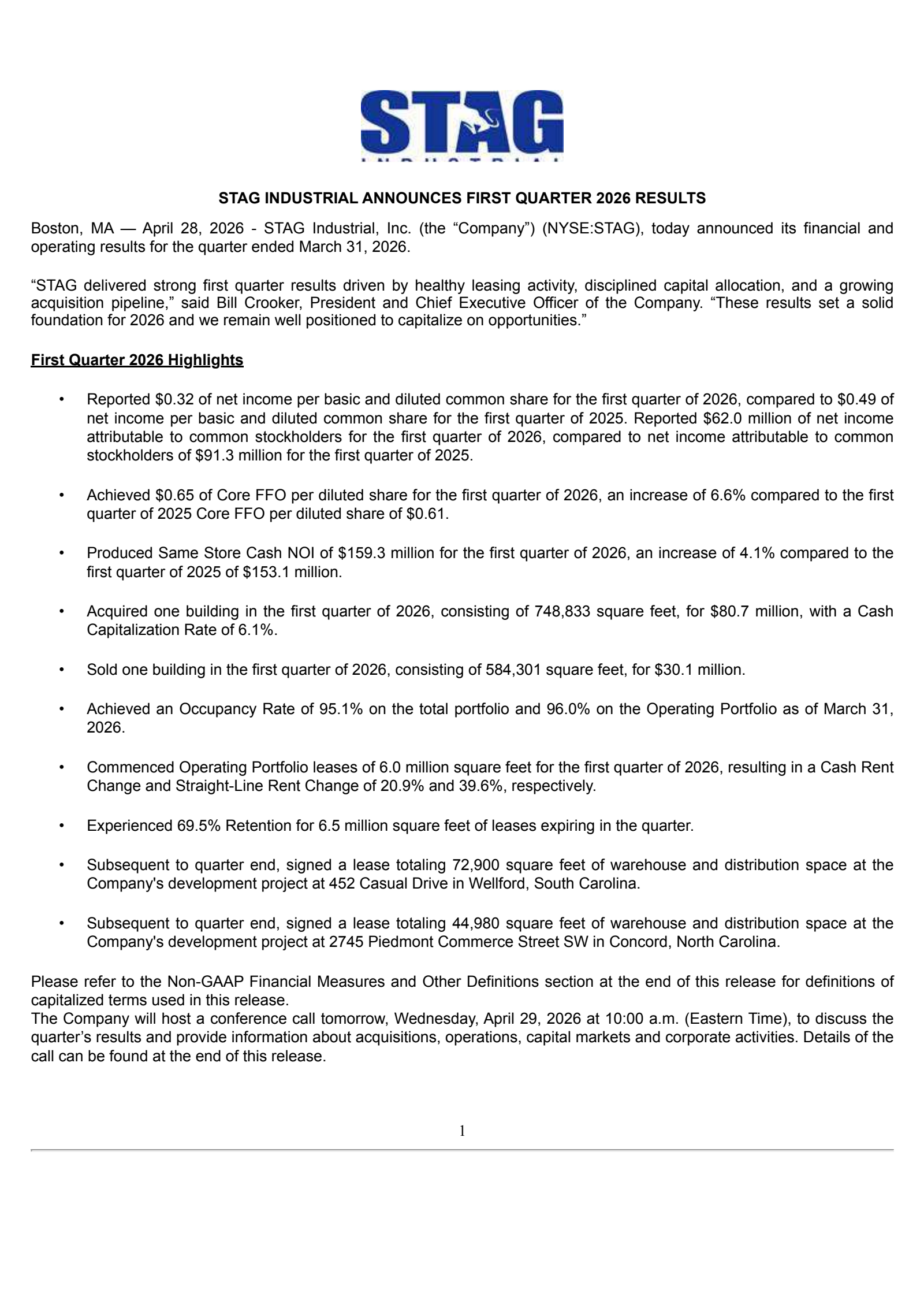 Stag Industrial's Q1 2026 Press Release