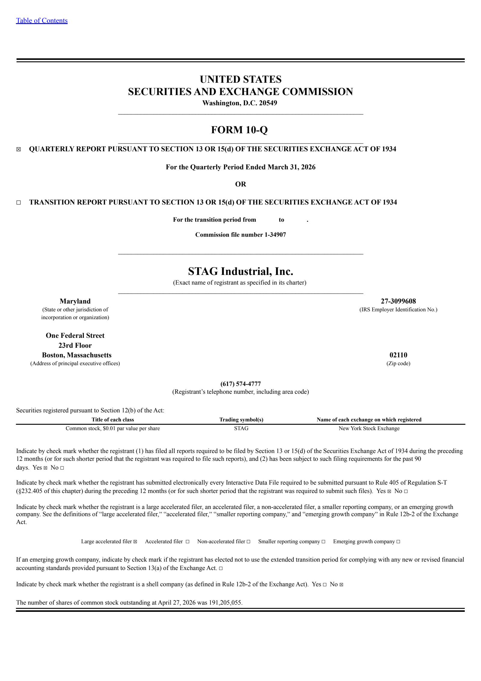 Stag Industrial's Q1 2026 Quarterly report