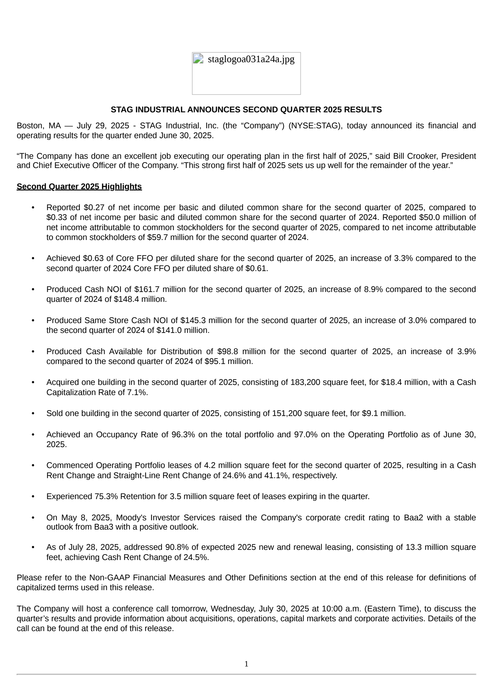 Stag Industrial's Q2 2025 Press Release