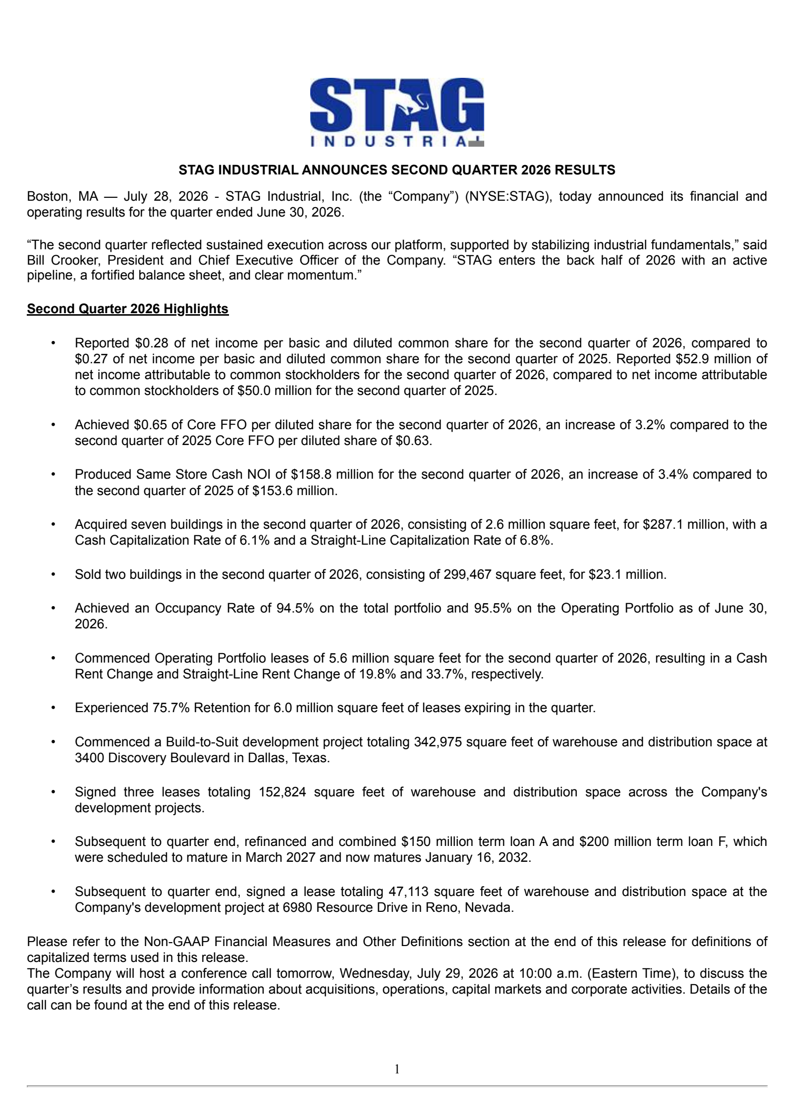 Stag Industrial's Q2 2026 Press Release