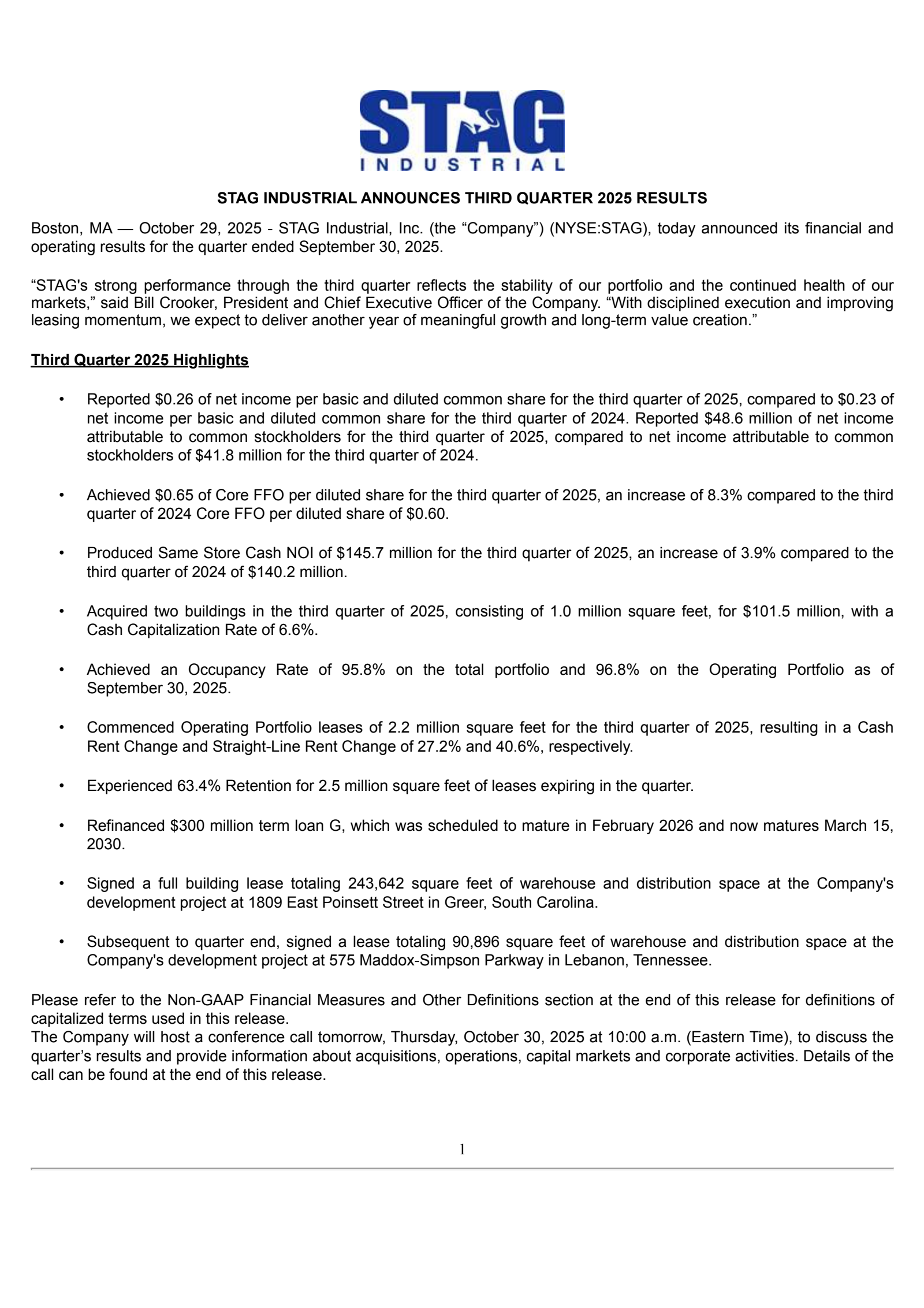Stag Industrial's Q3 2025 Earnings Release