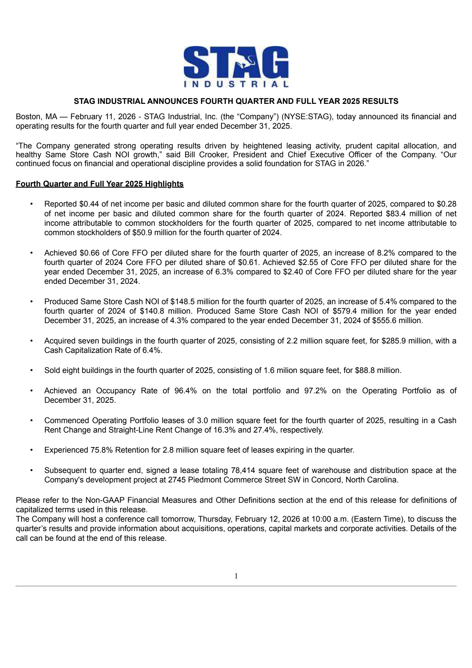 Stag Industrial's Q4 2025 Press Release
