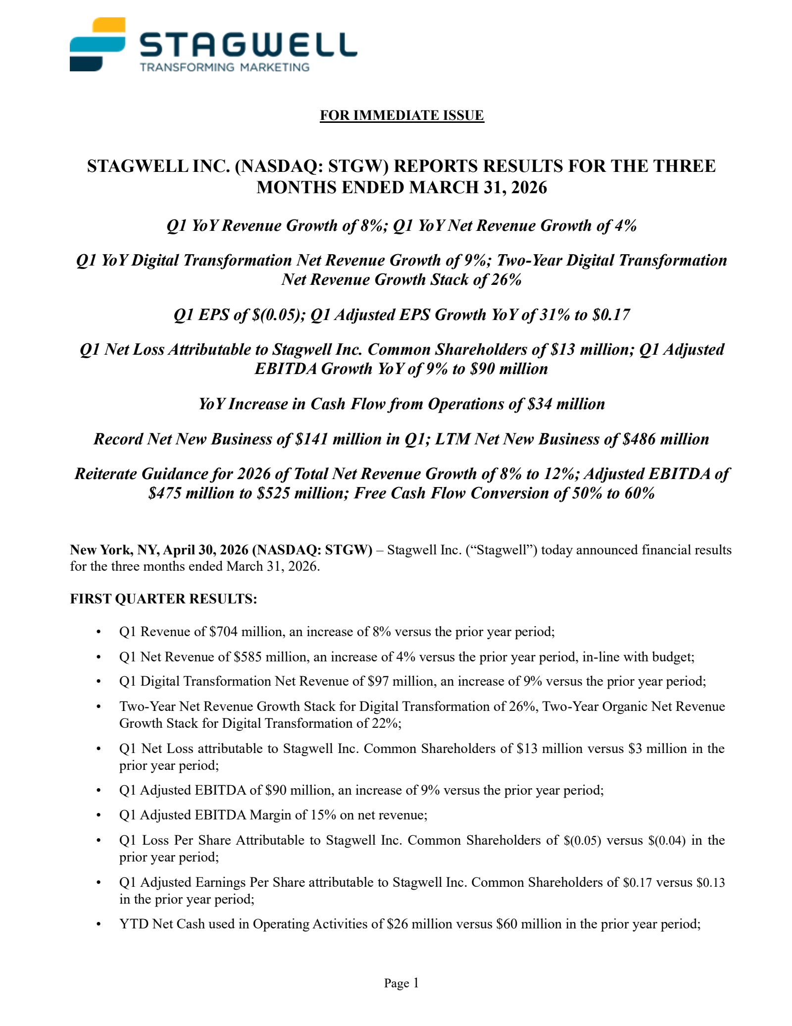 Stagwell's Q1 2026 Press Release