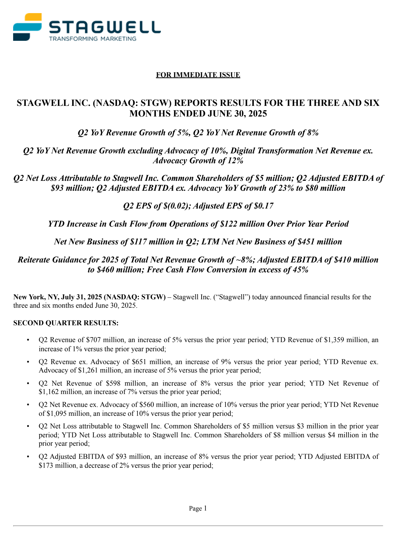Stagwell's Q2 2025 Press Release