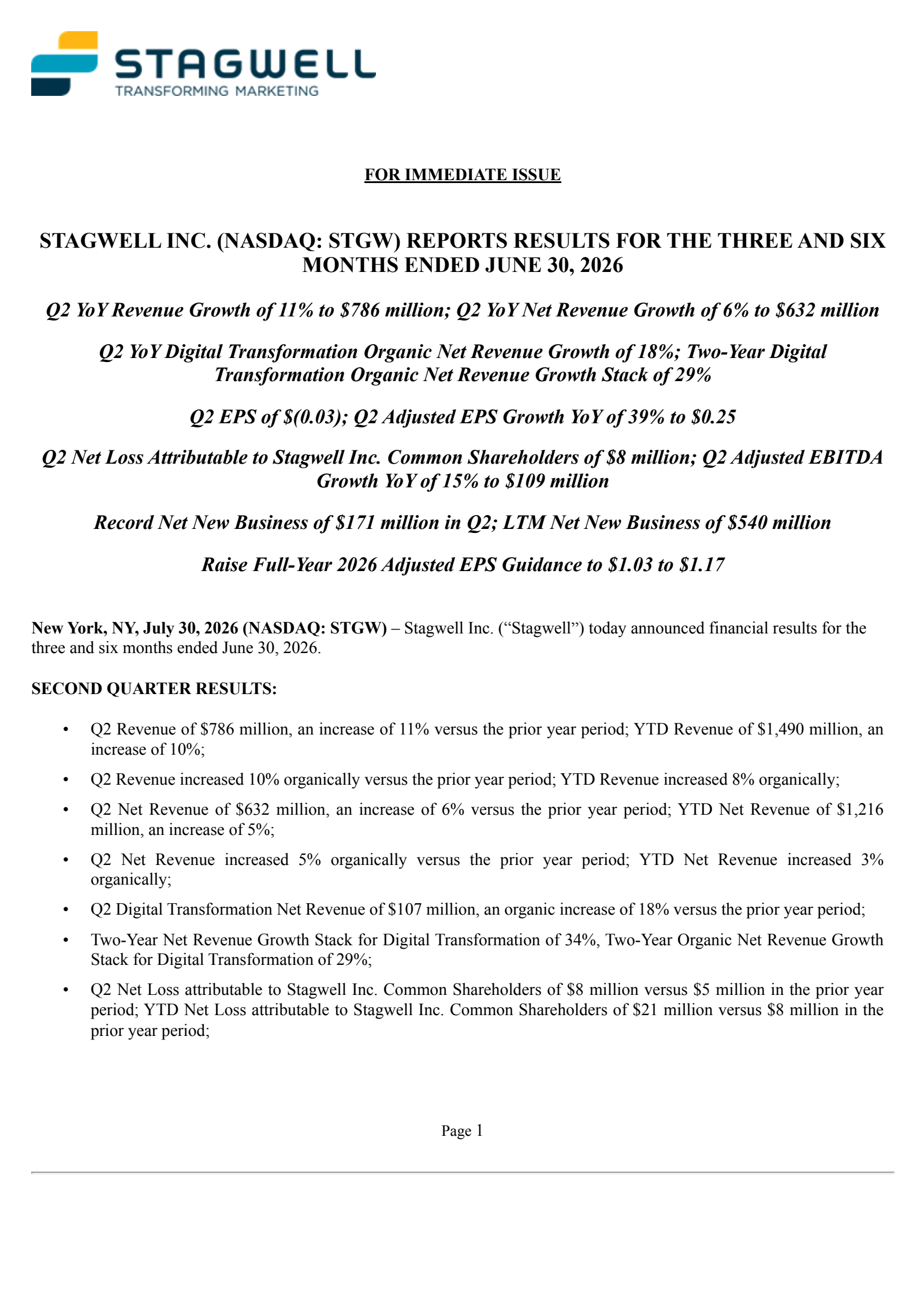 Stagwell's Q2 2026 Press Release