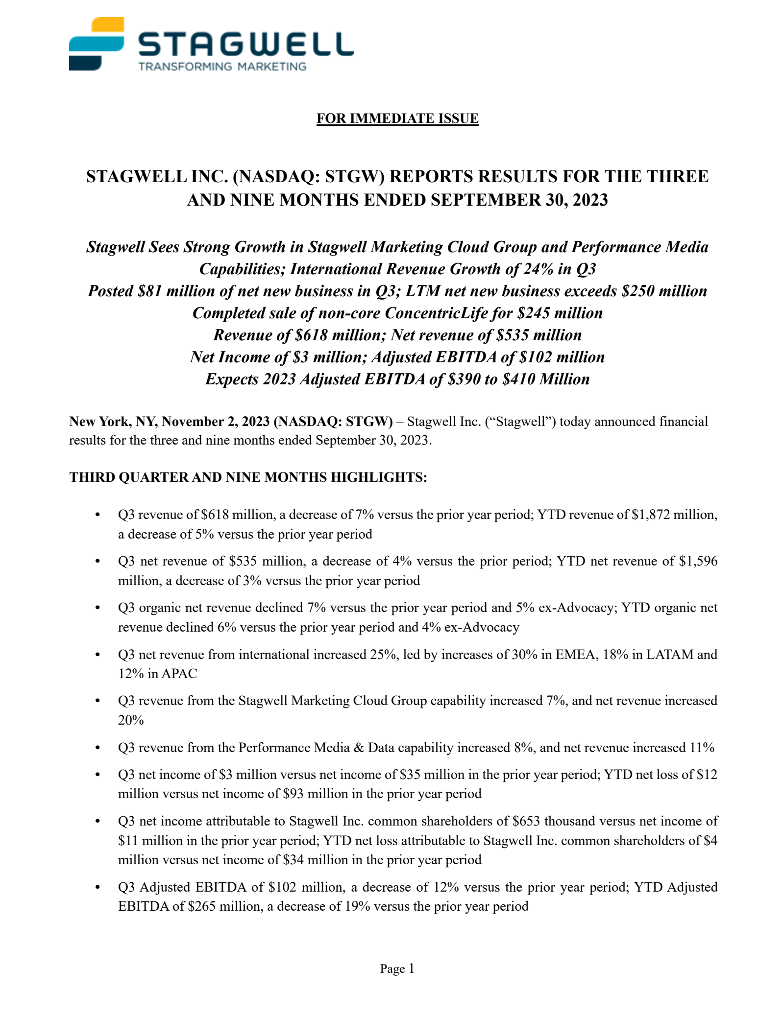 Stagwell's Q3 2023 Press Release
