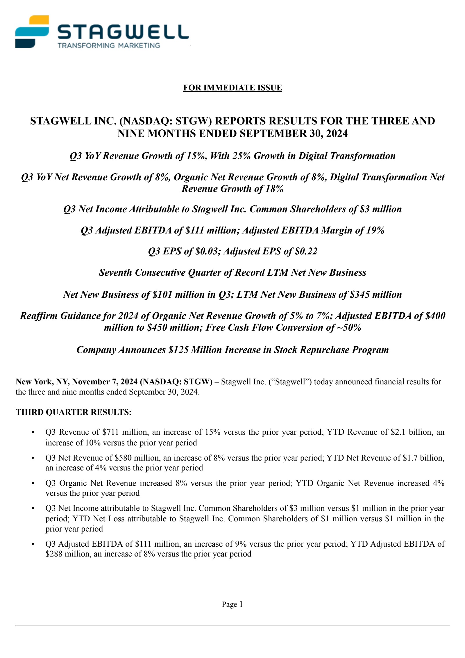 Stagwell's Q3 2024 Press Release