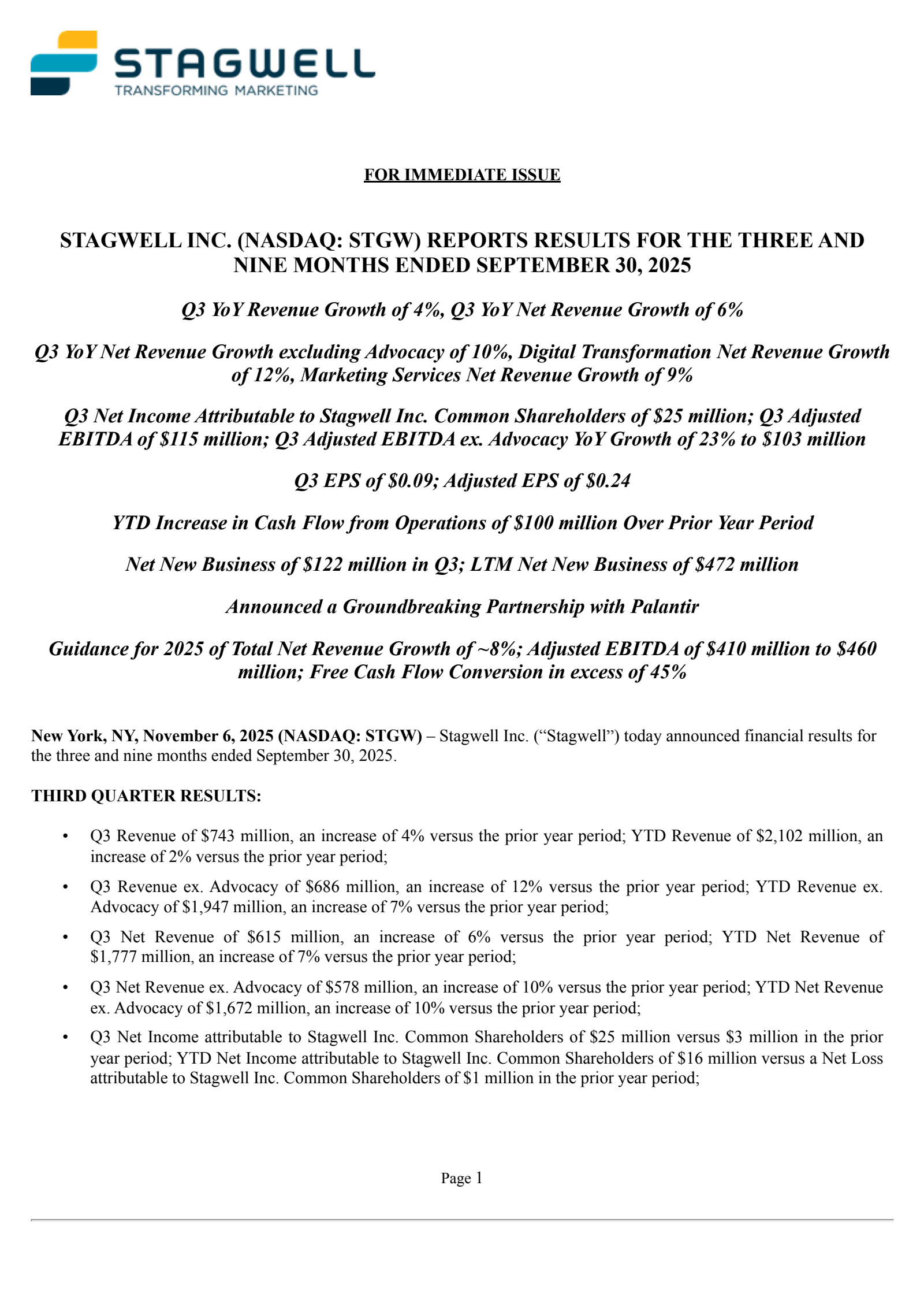 Stagwell's Q3 2025 Earnings Release
