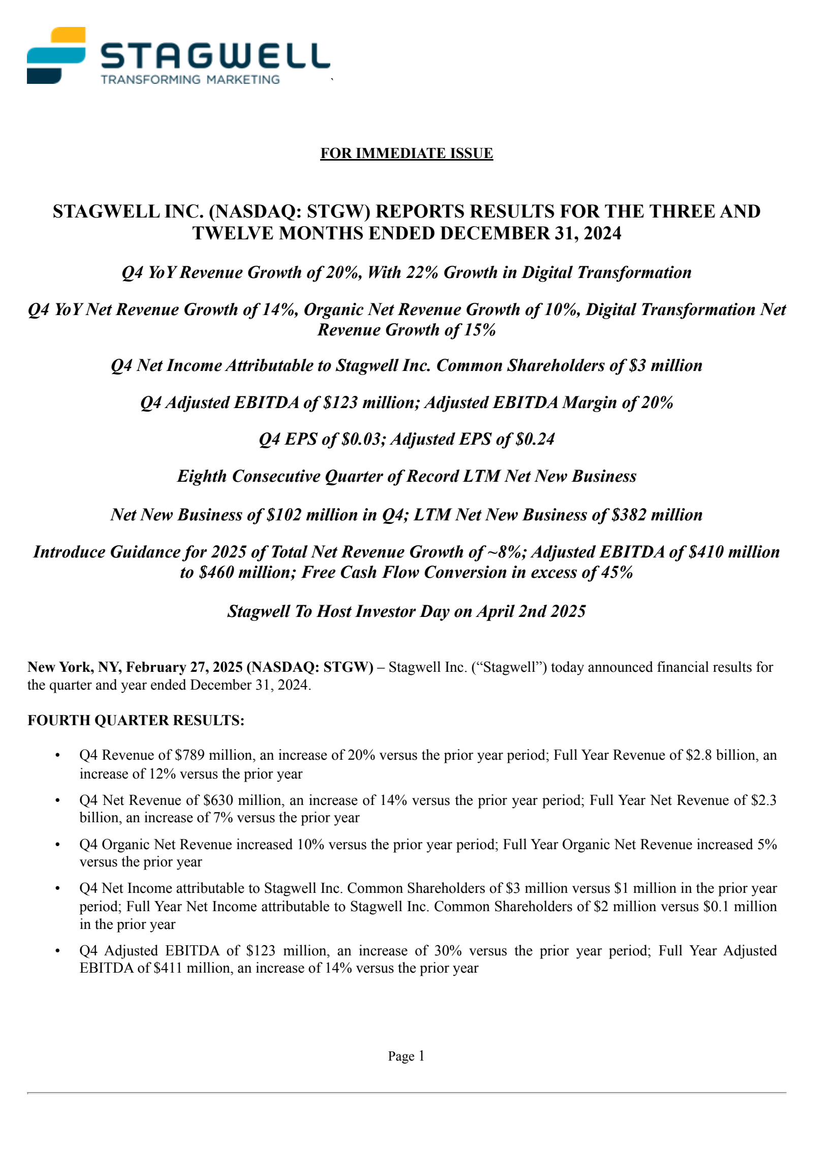 Stagwell's Q4 2024 Press Release