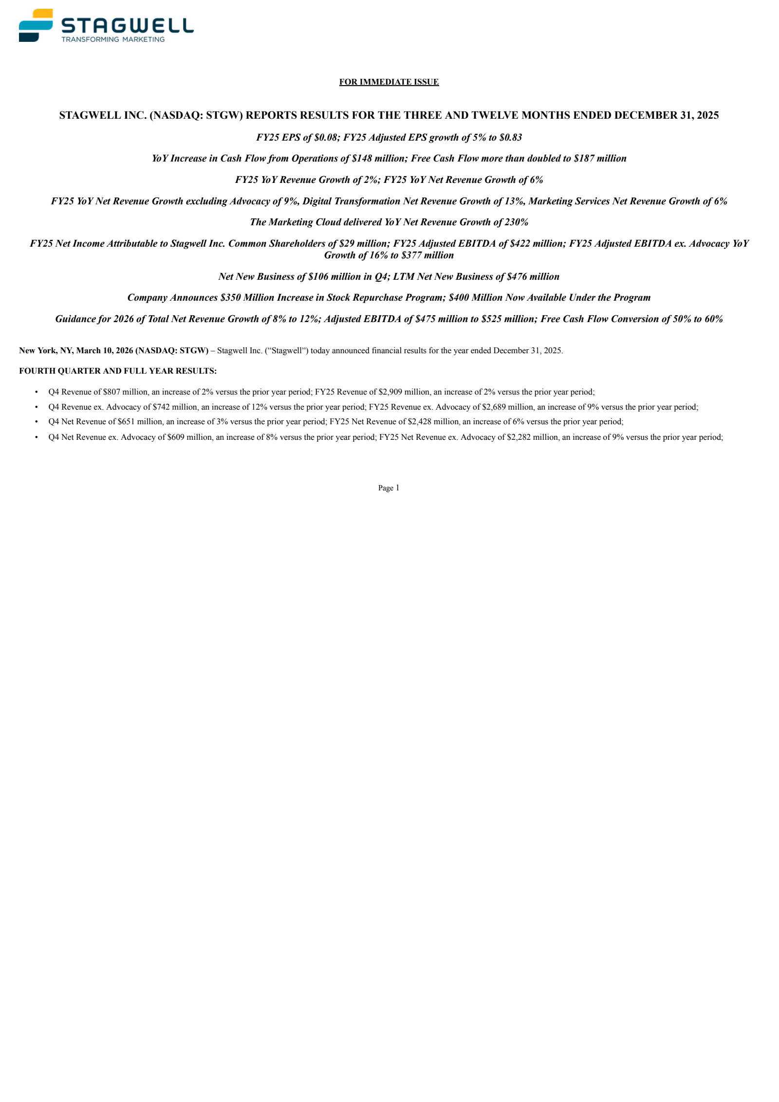 Stagwell's Q4 2025 Press Release