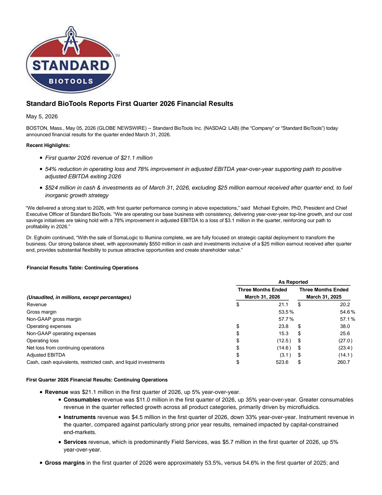 Standard BioTools' Q1 2026 Press Release