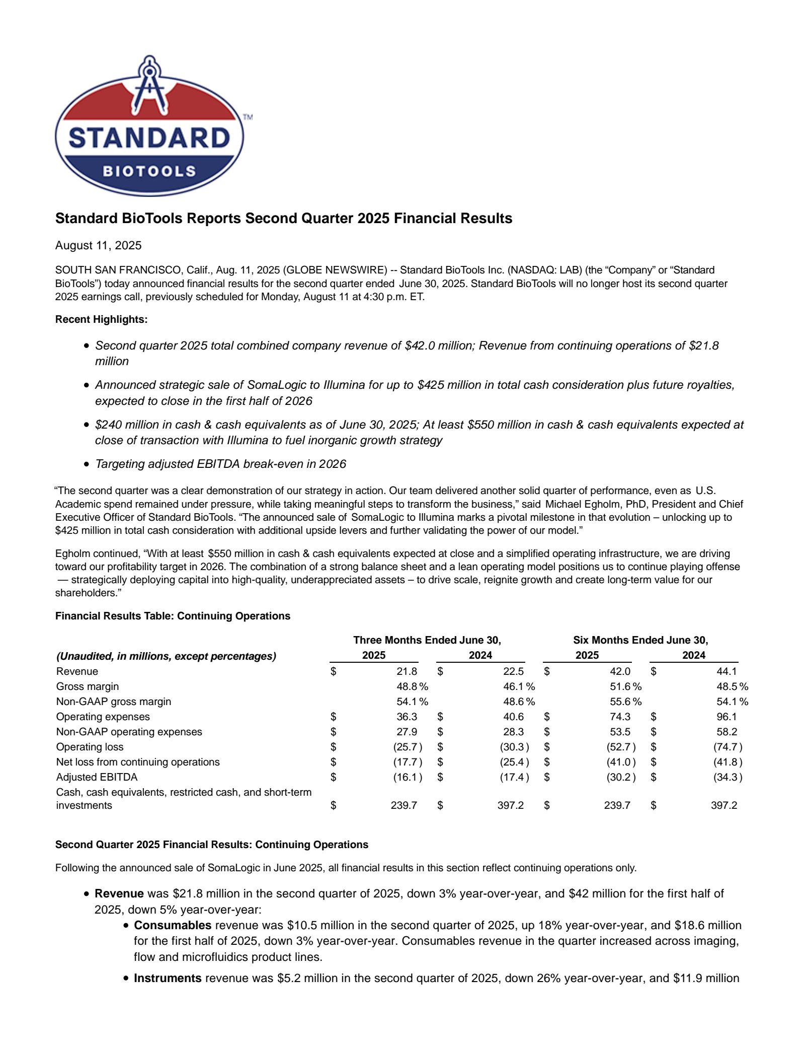 Standard BioTools' Q2 2025 Press Release