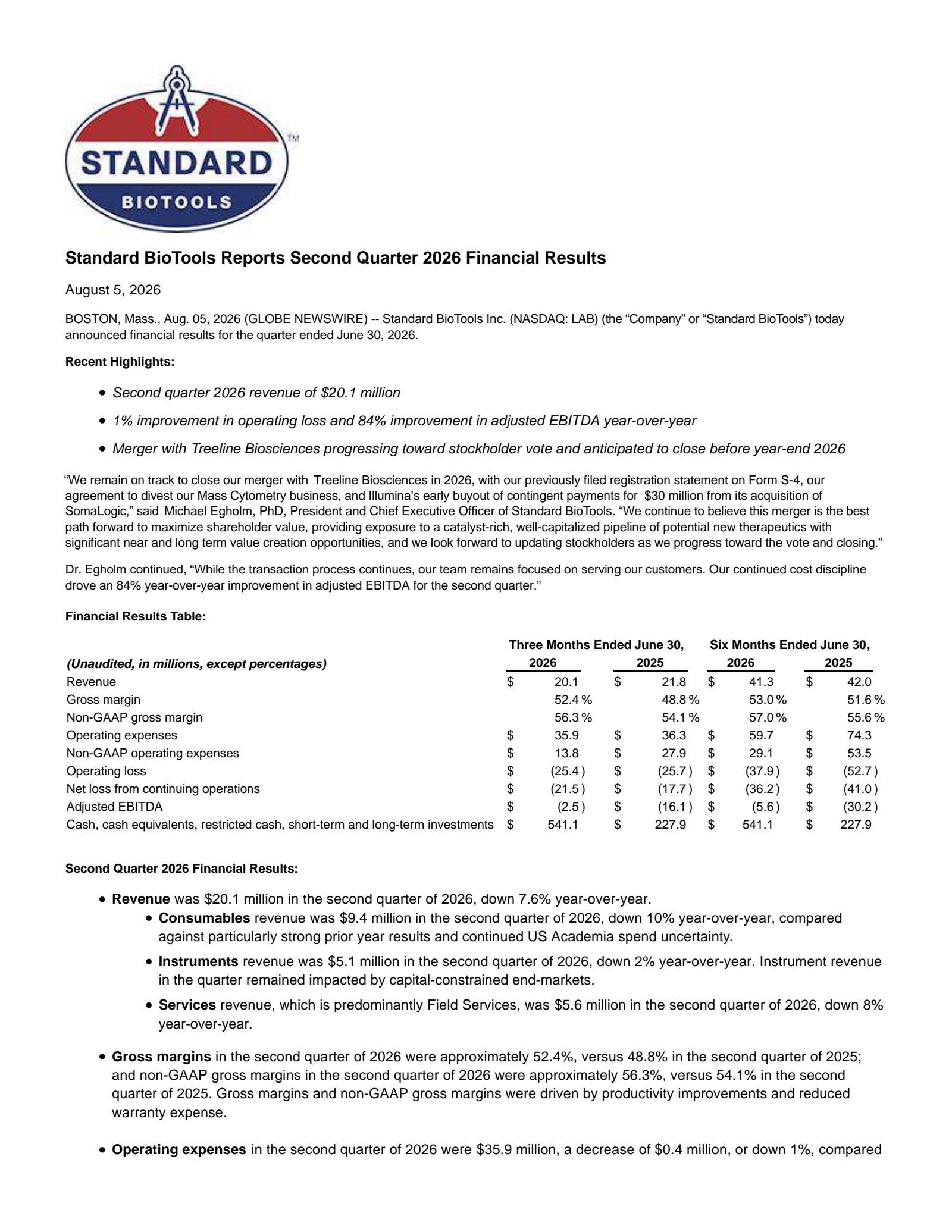 Standard BioTools' Q2 2026 Press Release