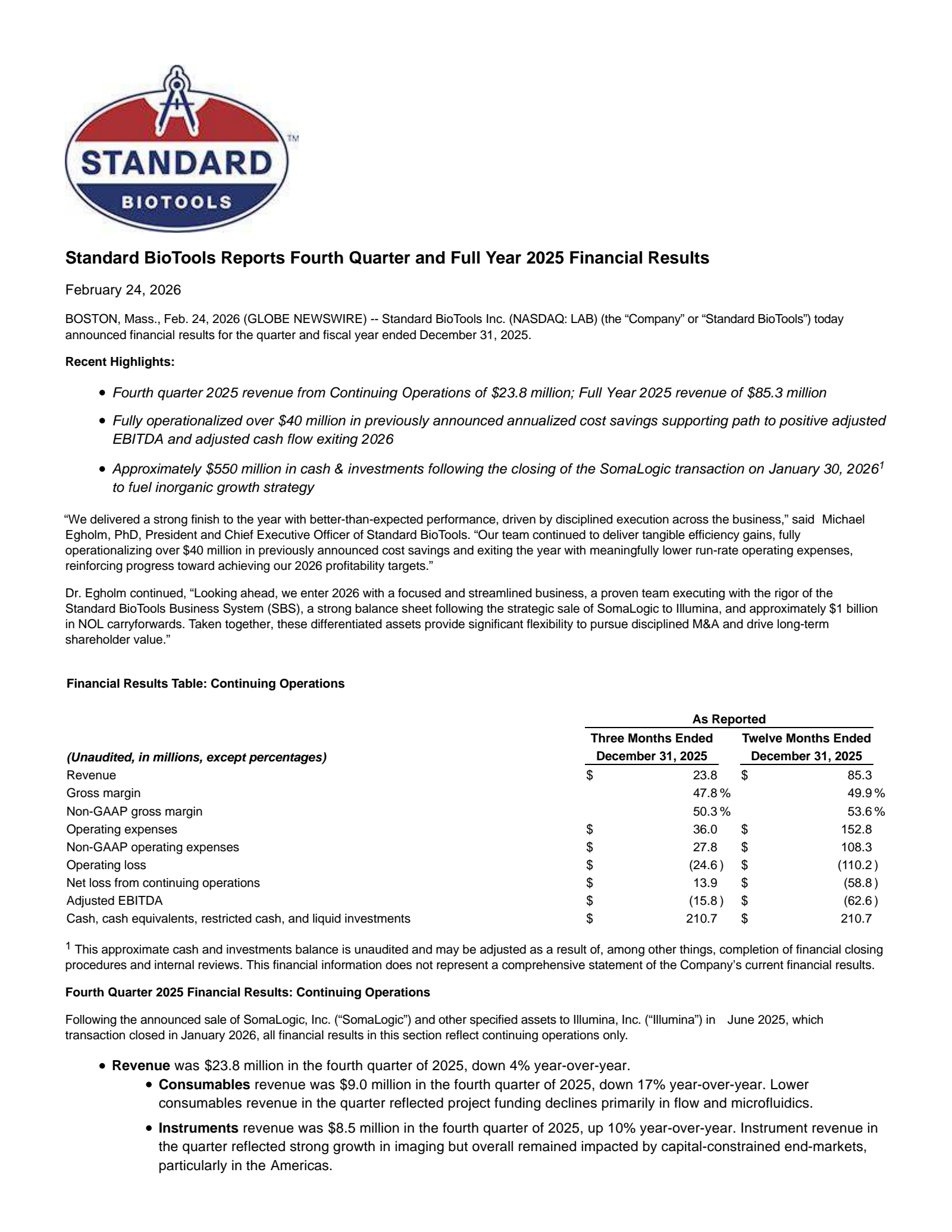 Standard BioTools' Q4 2025 Press Release