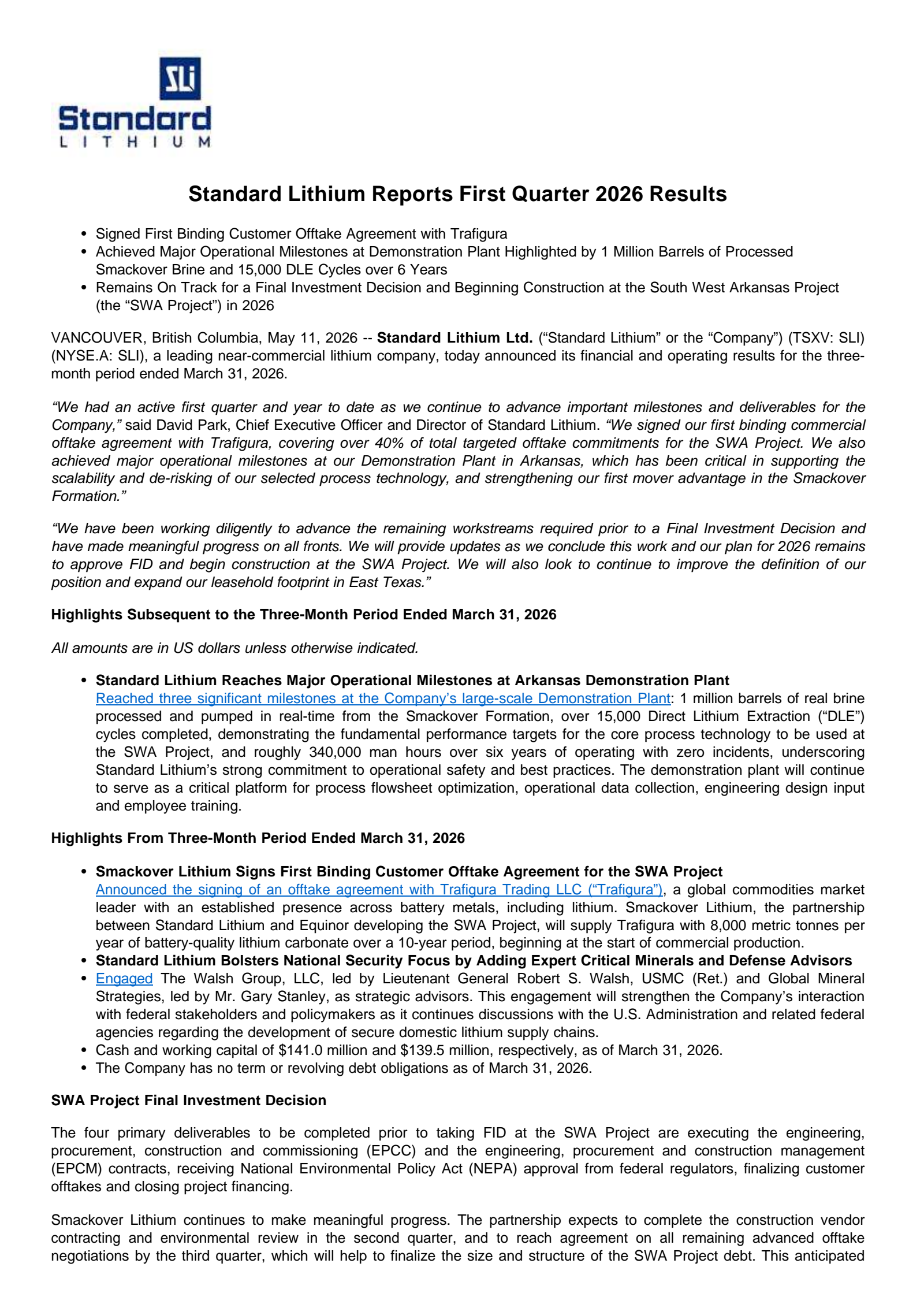 Standard Lithium's Q1 2026 Press Release