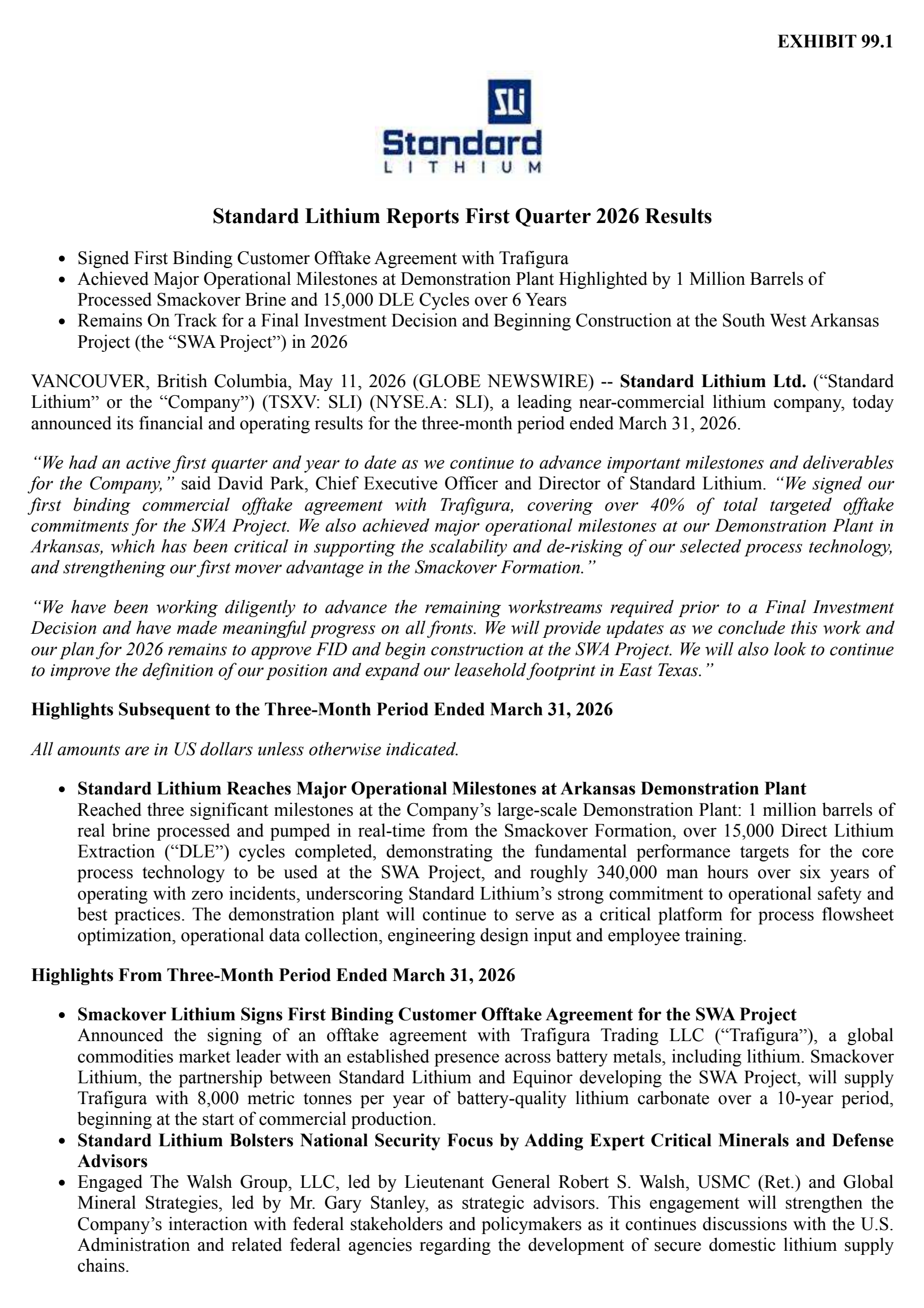 Standard Lithium's Q1 2026 Press Release