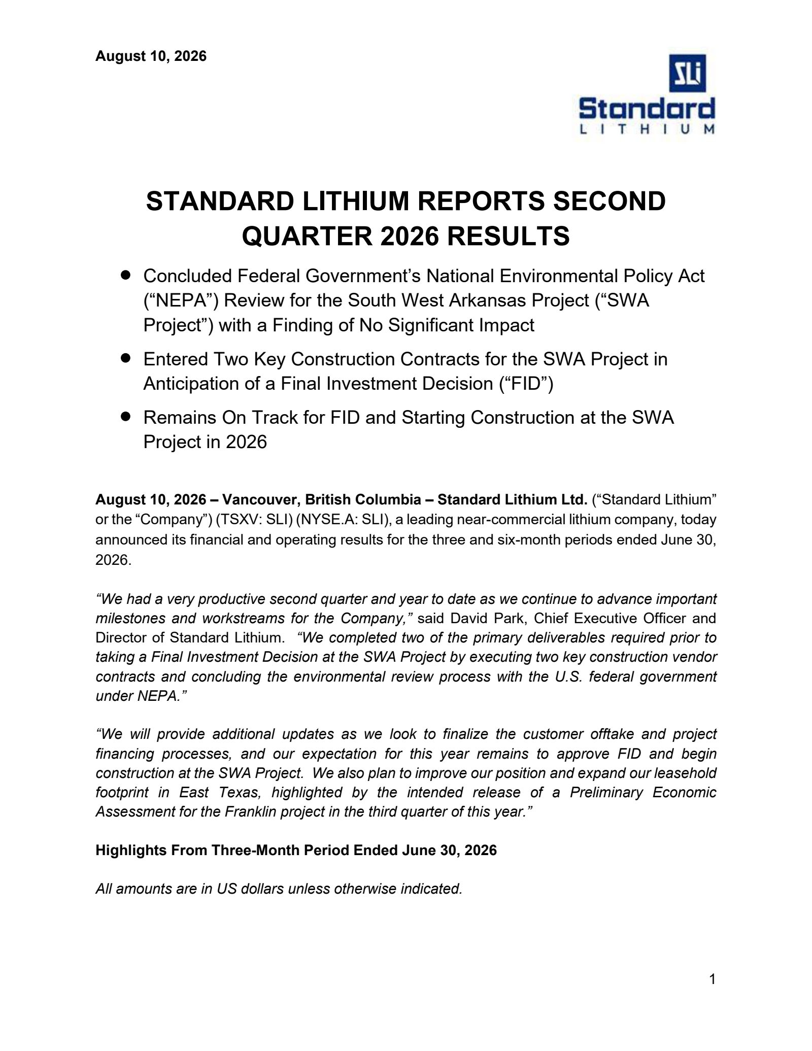 Standard Lithium's Q2 2026 Press Release