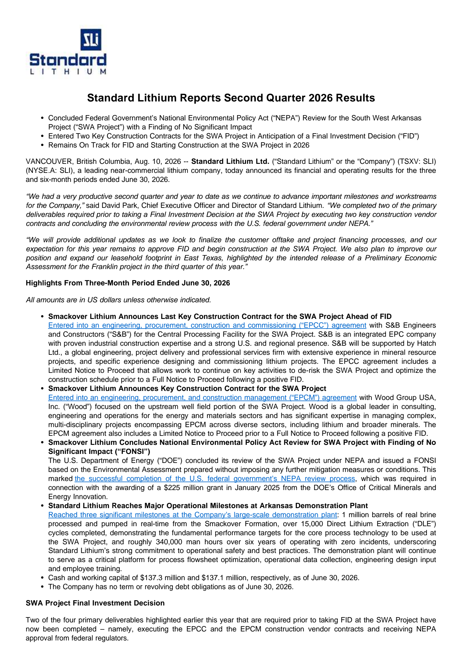 Standard Lithium's Q2 2026 Press Release