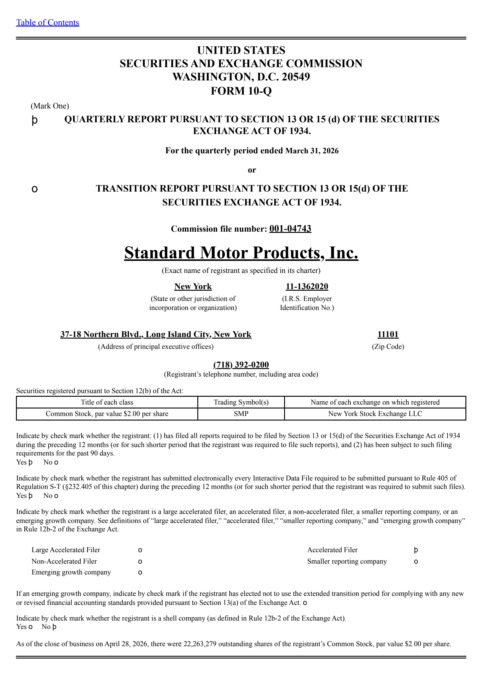 Standard Motor Products' Q1 2026 Quarterly report