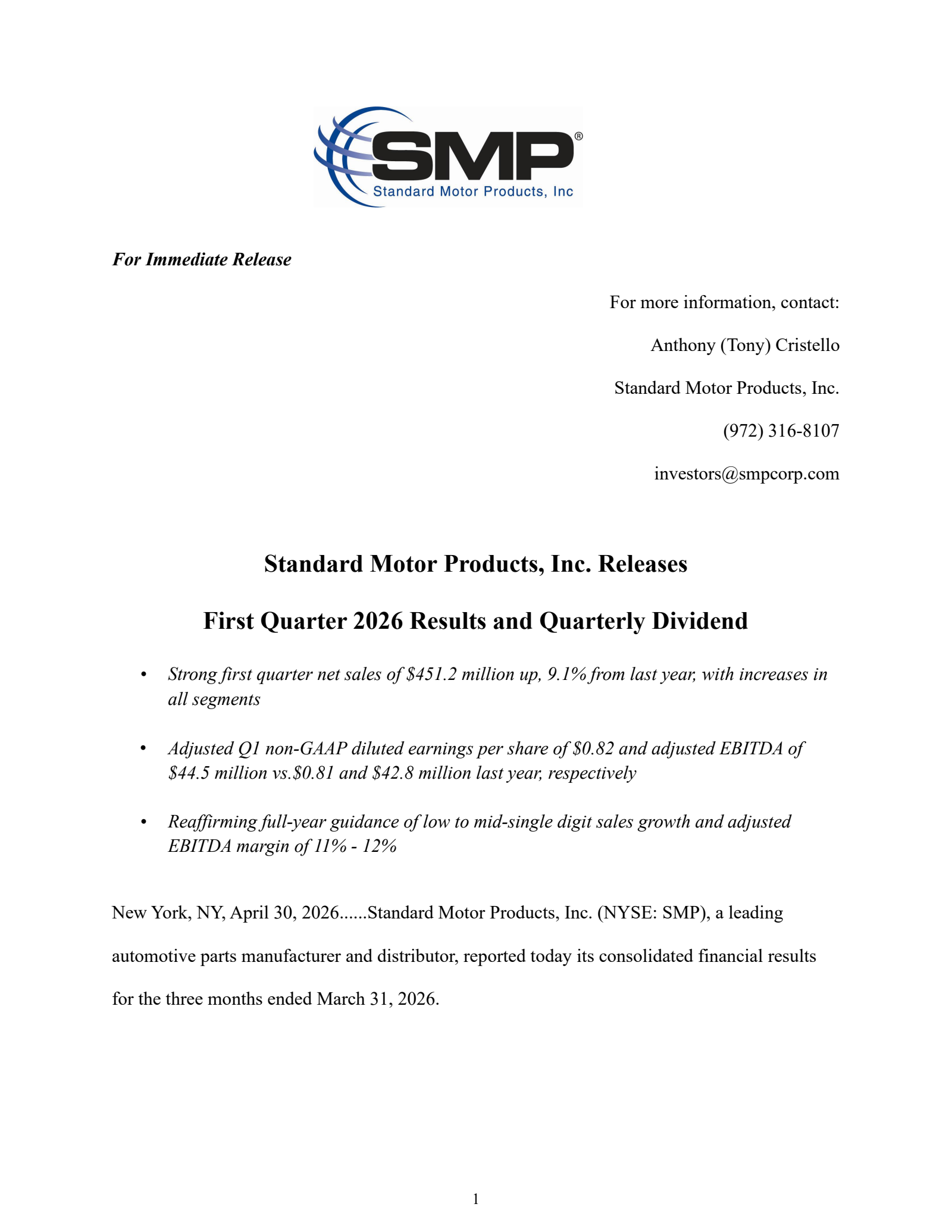 Standard Motor Products' Q1 2026 Press Release