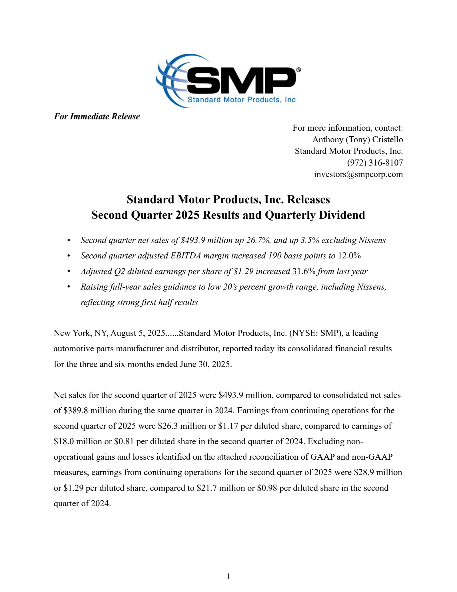 Standard Motor Products' Q2 2025 Press Release