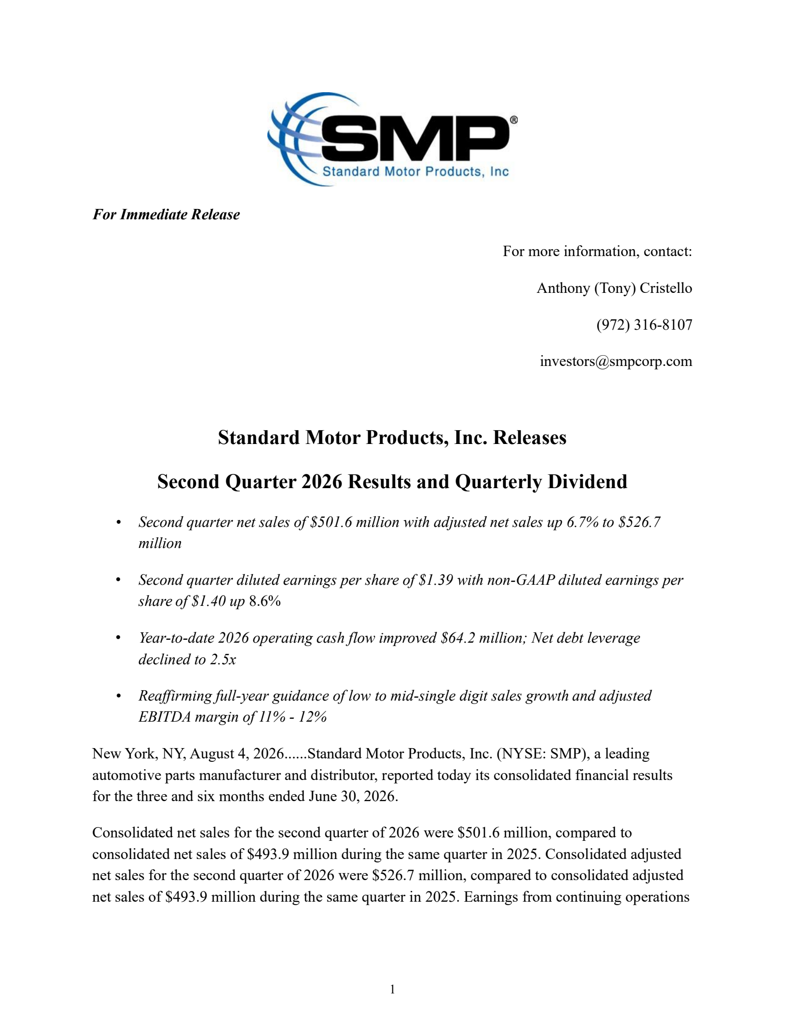 Standard Motor Products' Q2 2026 Press Release