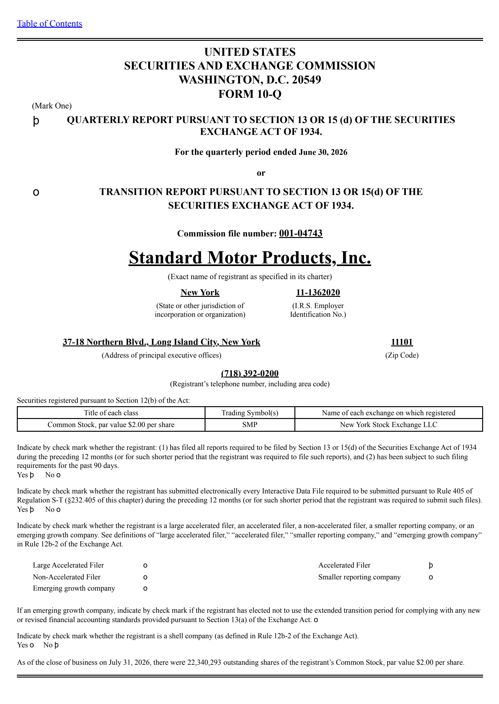 Standard Motor Products' Q2 2026 Quarterly report