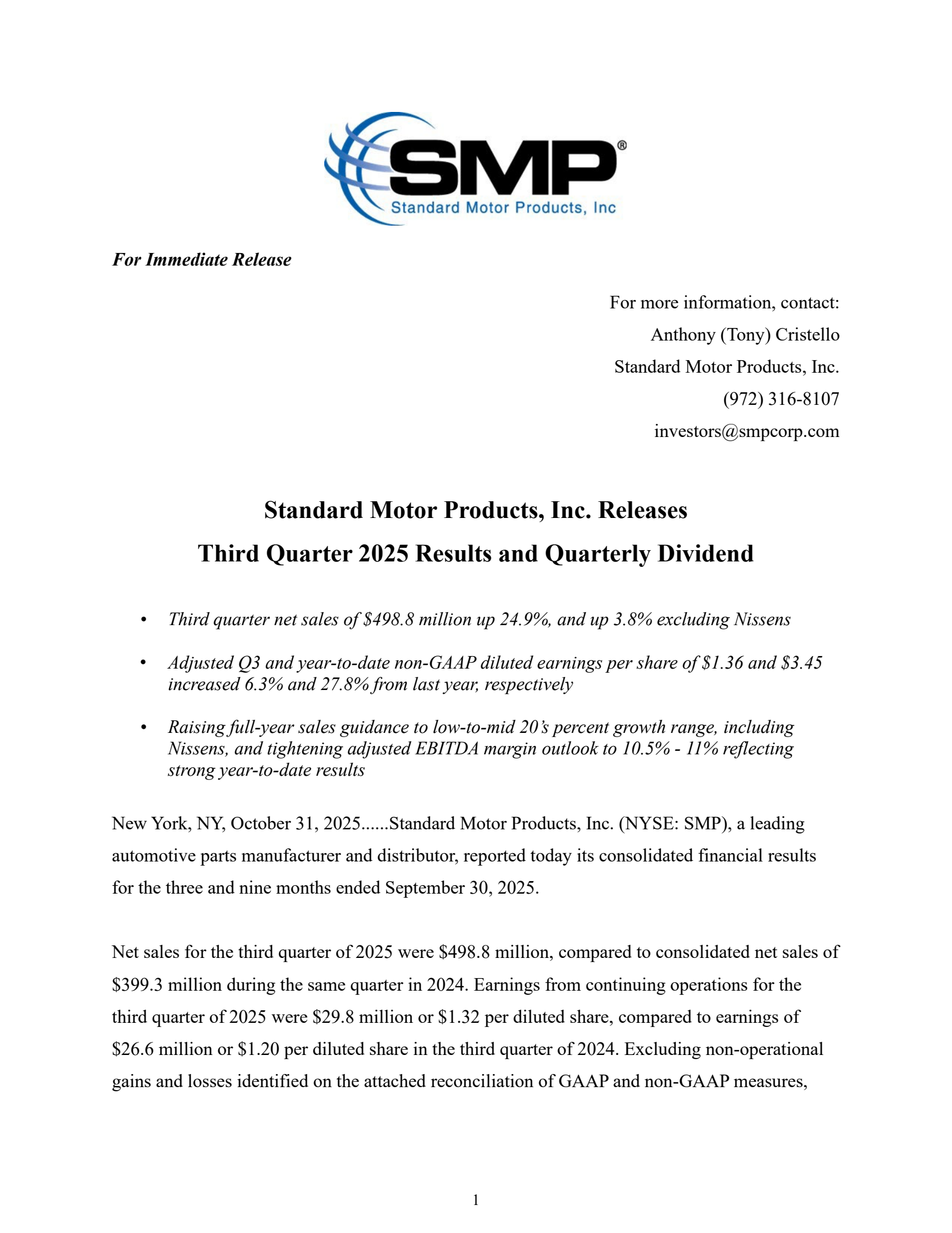 Standard Motor Products' Q3 2025 Earnings Release