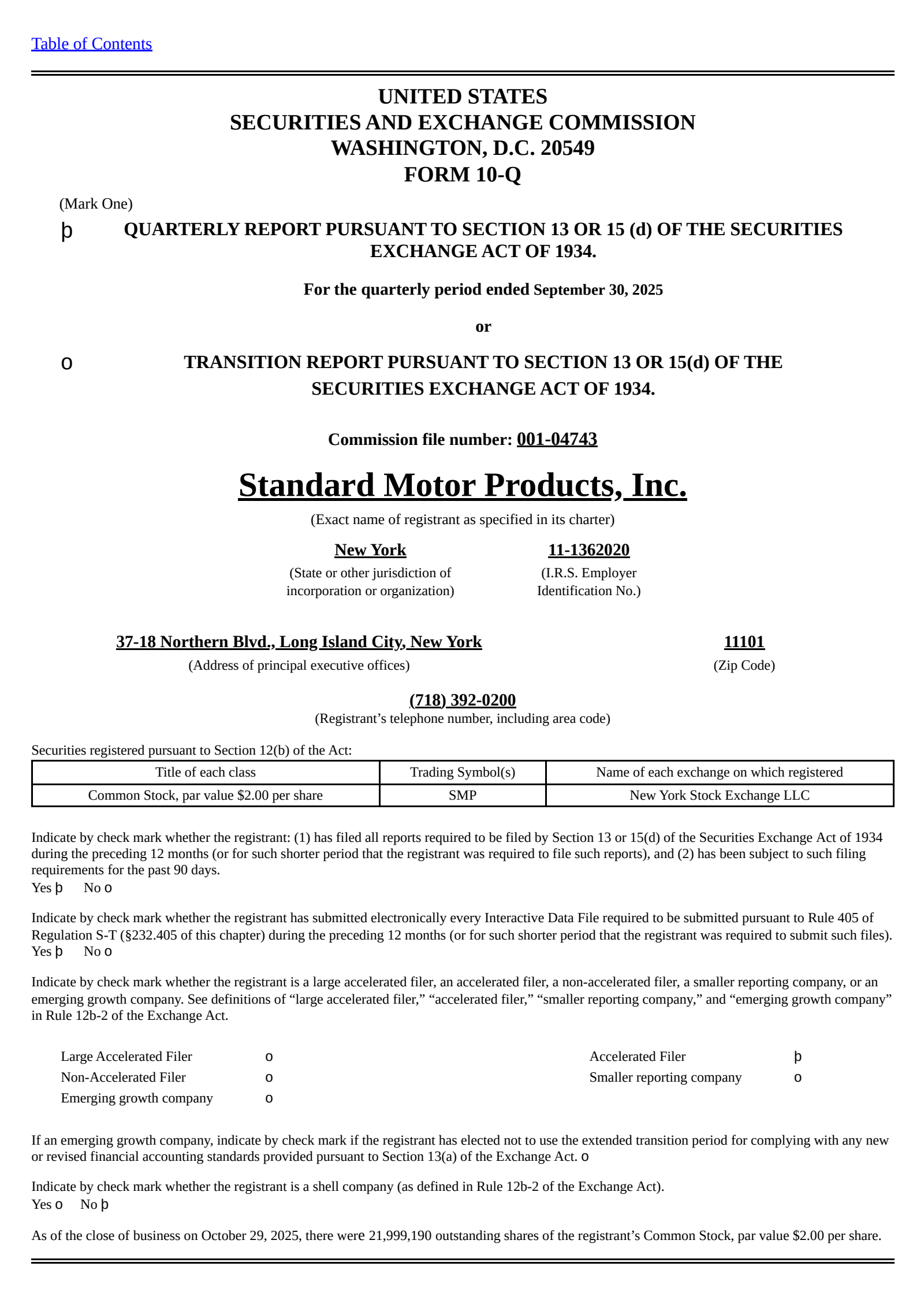 Standard Motor Products' Q3 2025 Quarterly Report