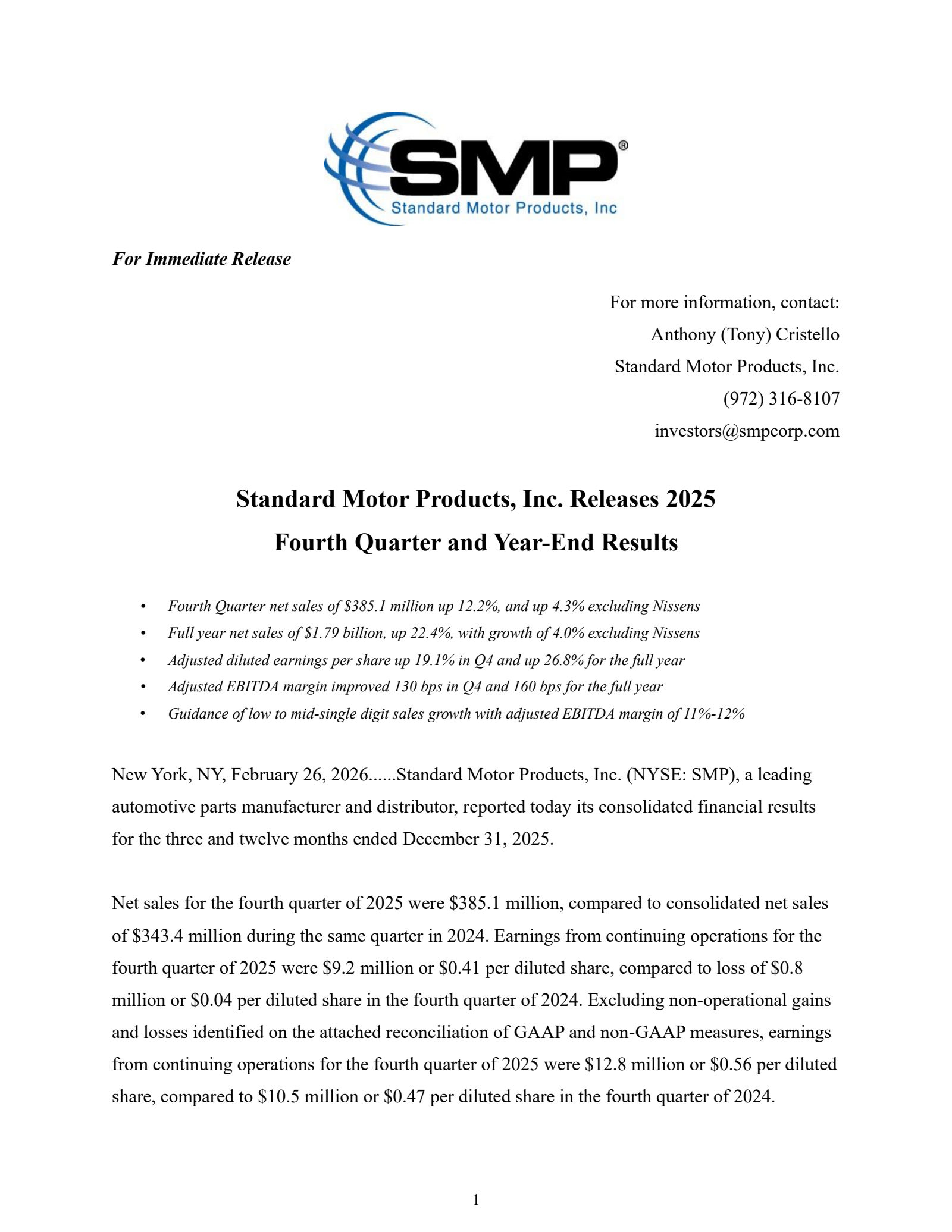 Standard Motor Products' Q4 2025 Press Release