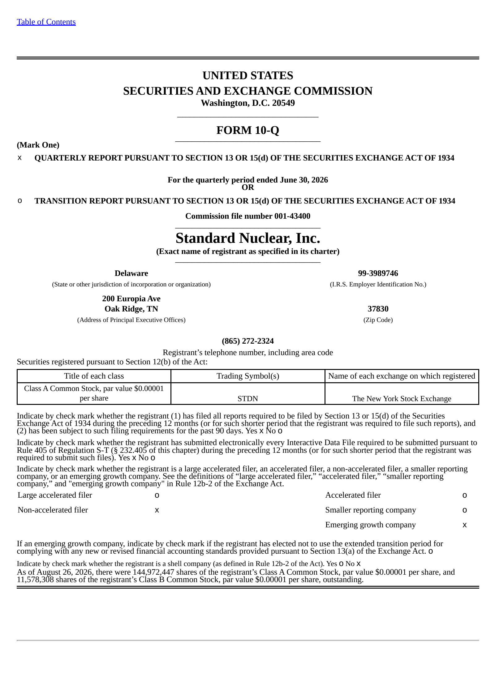 Standard Nuclear's Q2 2026 Quarterly report