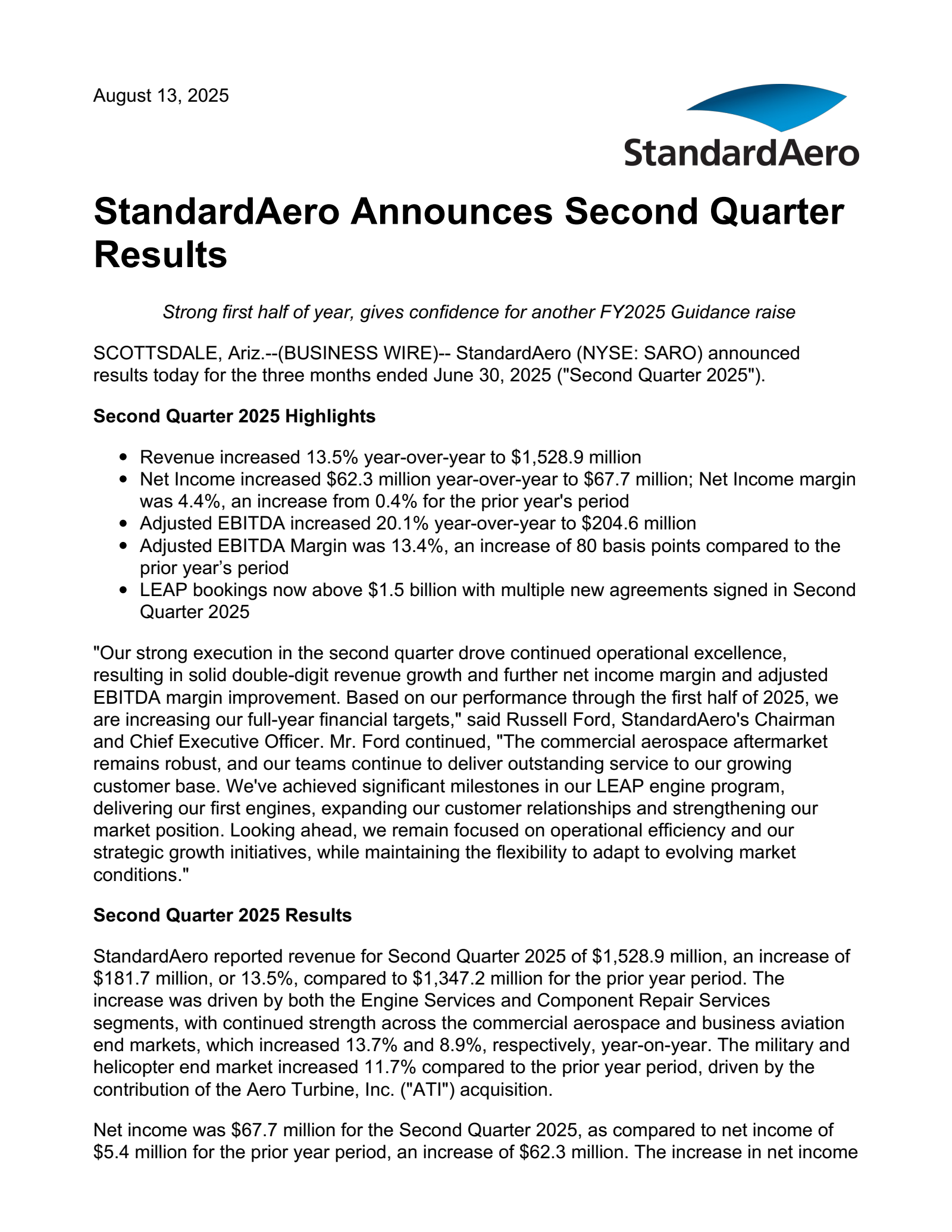StandardAero's Q2 2025 Press Release