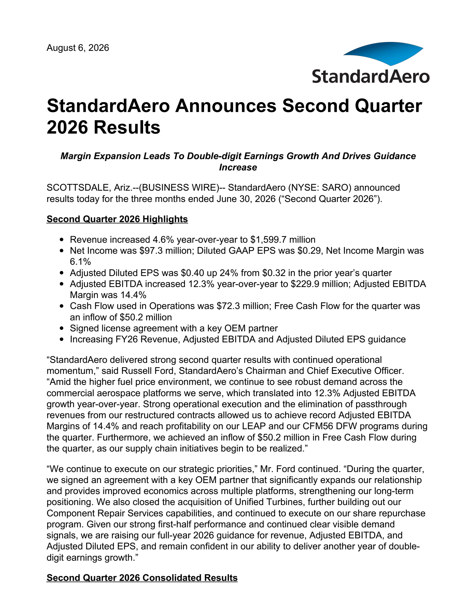StandardAero's Q2 2026 Press Release