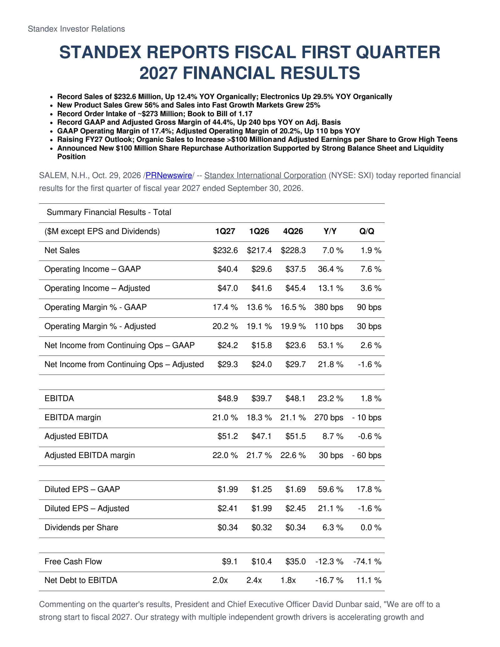 Standex International's Q1 2027 Press Release