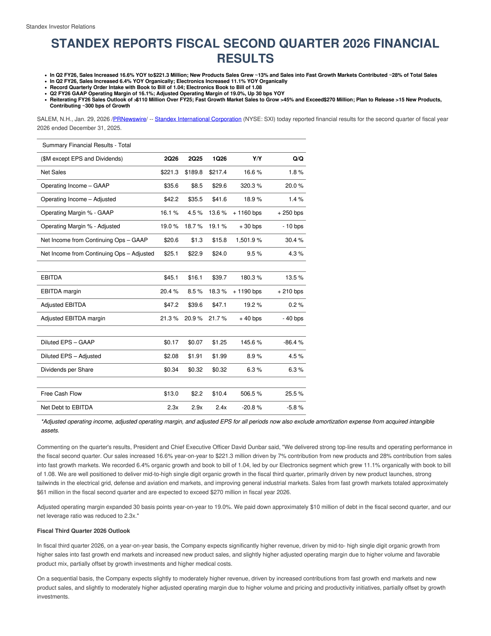 Standex International's Q2 2026 Press Release