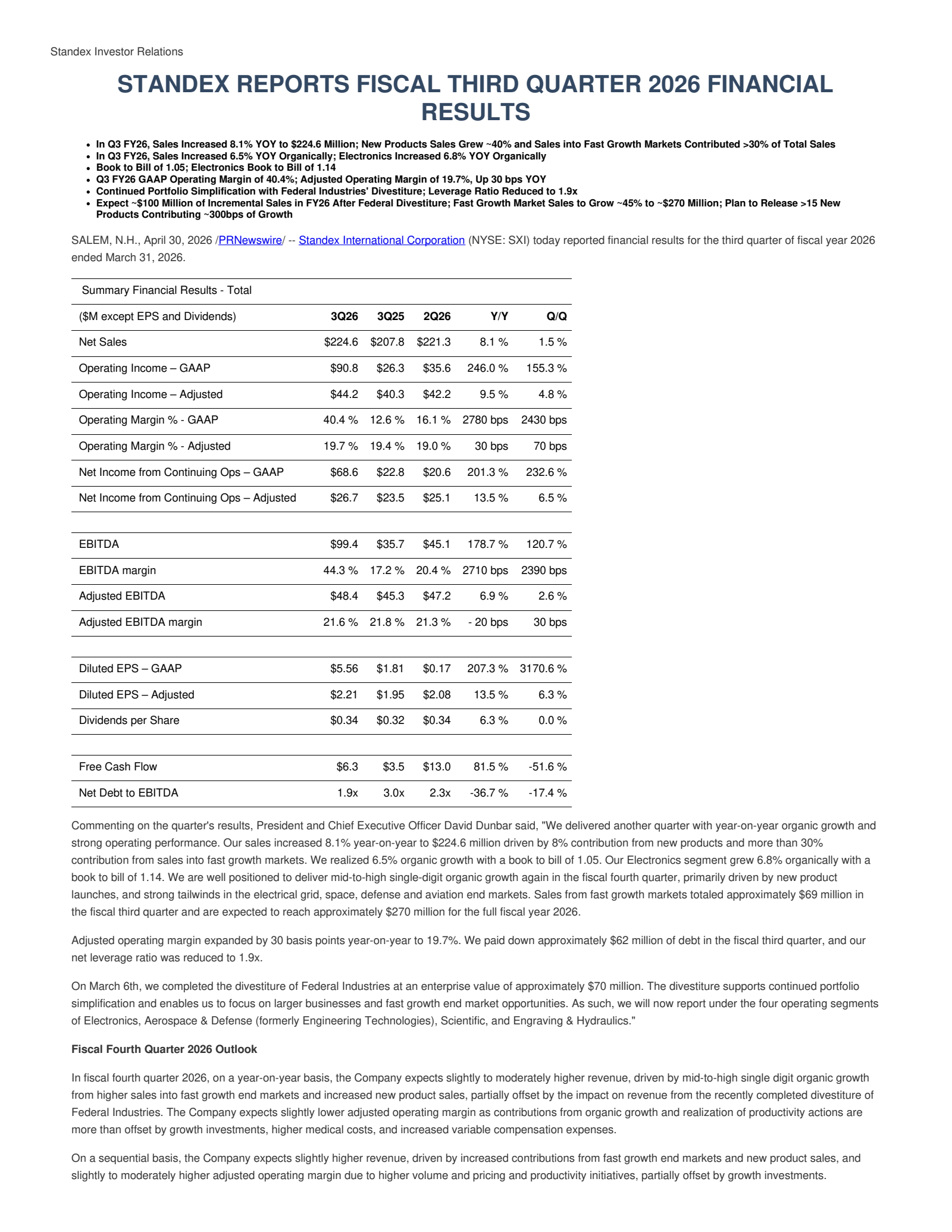 Standex International's Q3 2026 Press Release