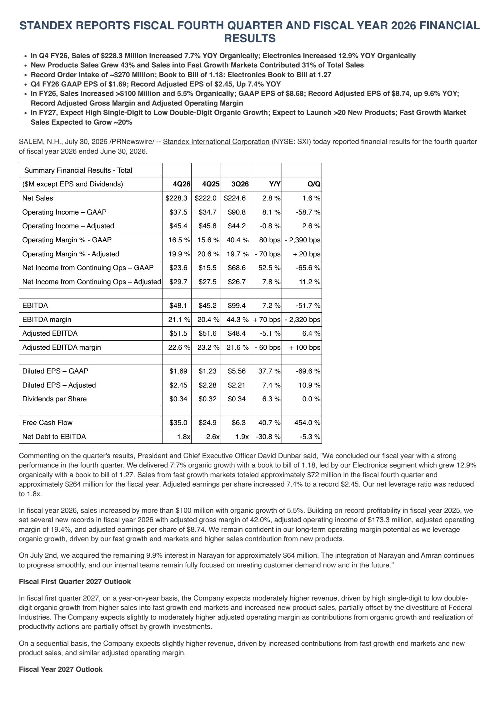 Standex International's Q4 2026 Press Release