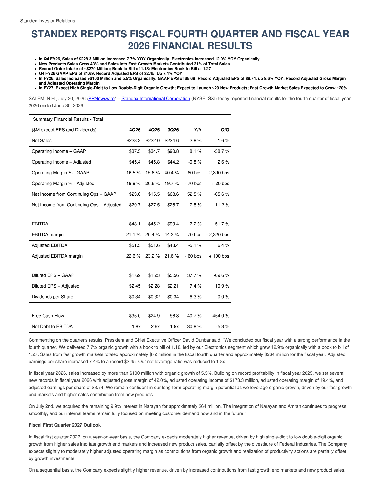 Standex International's Q4 2026 Press Release