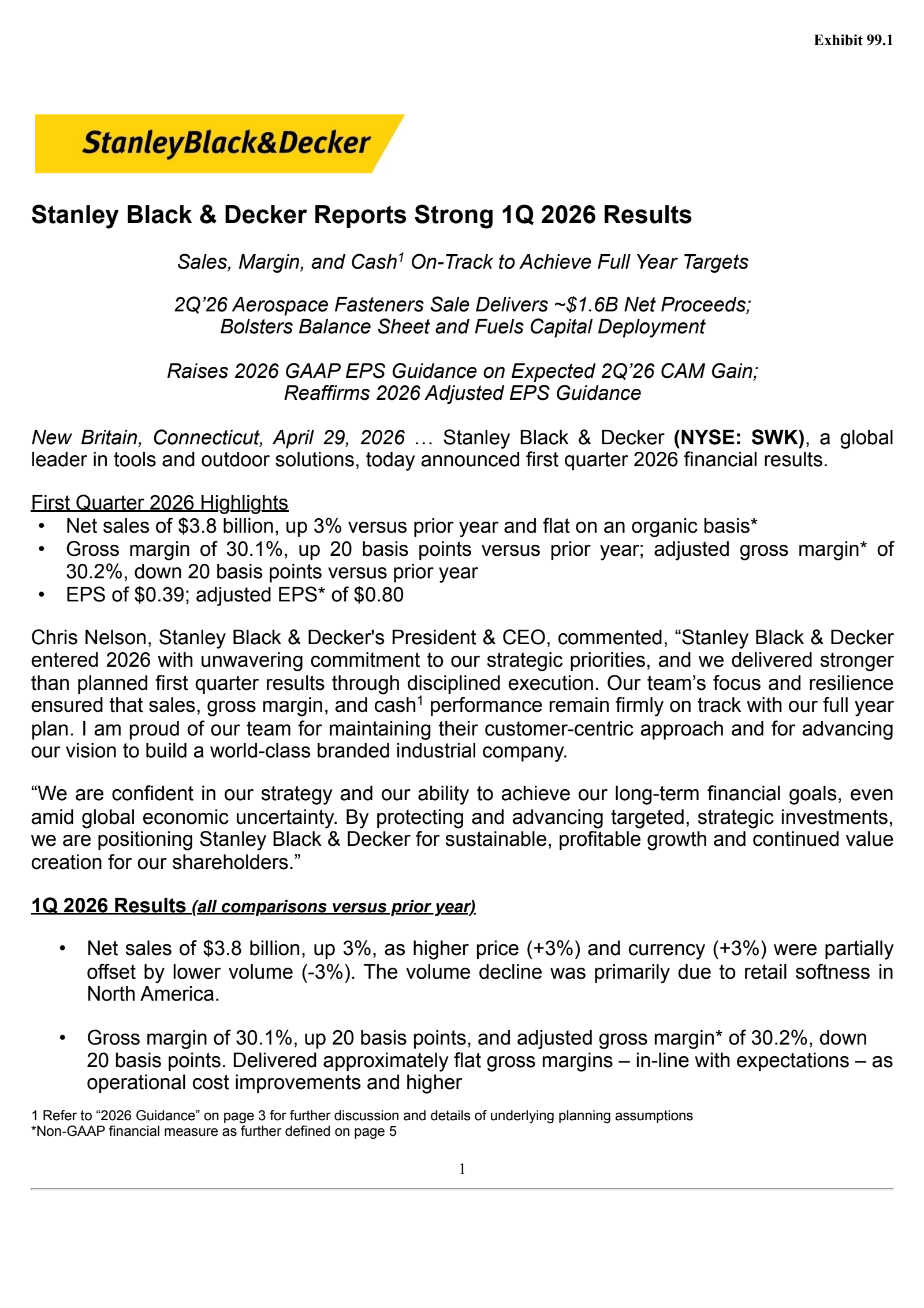 Stanley Black & Decker's Q1 2026 Press Release