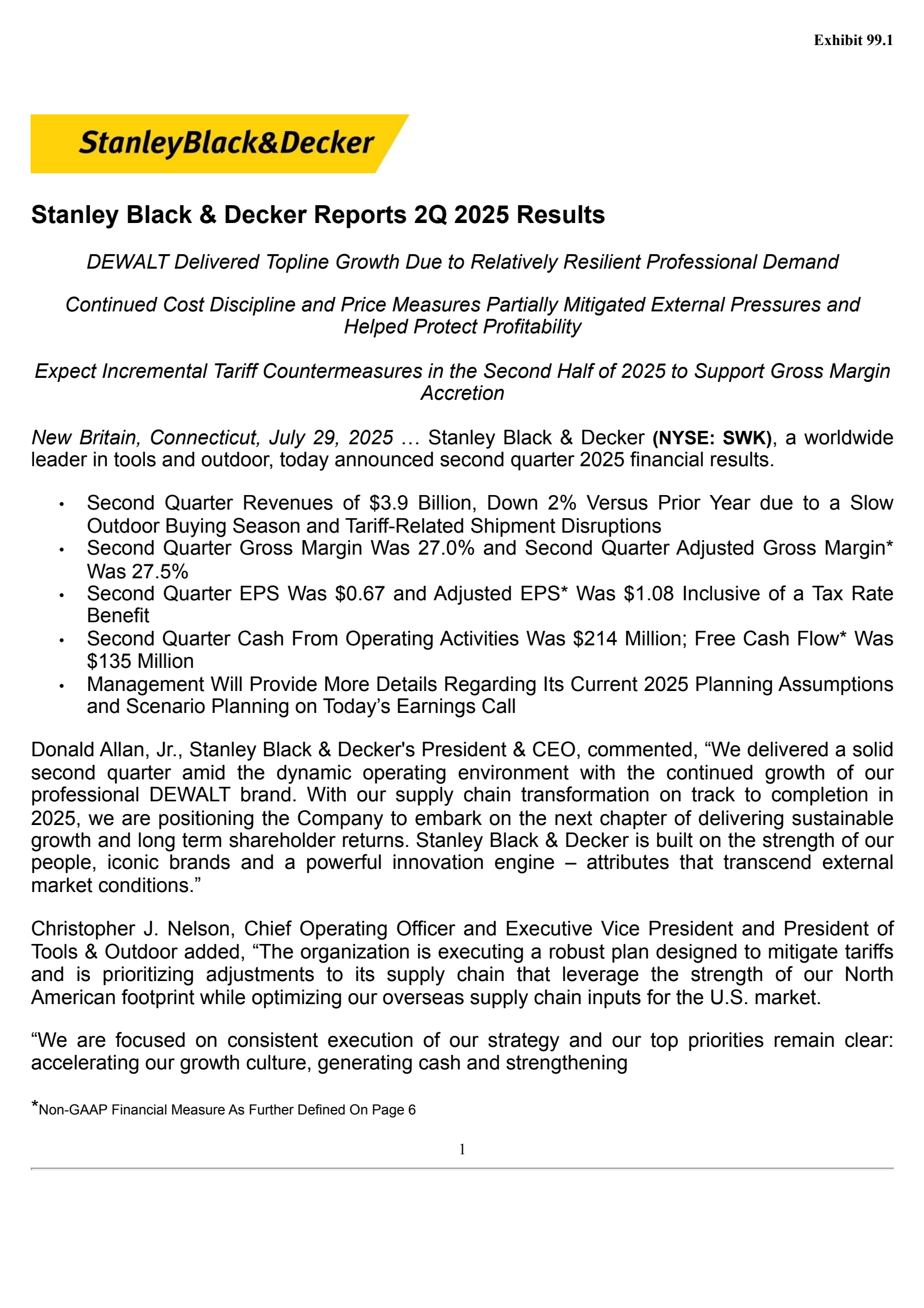 Stanley Black & Decker's Q2 2025 Press Release