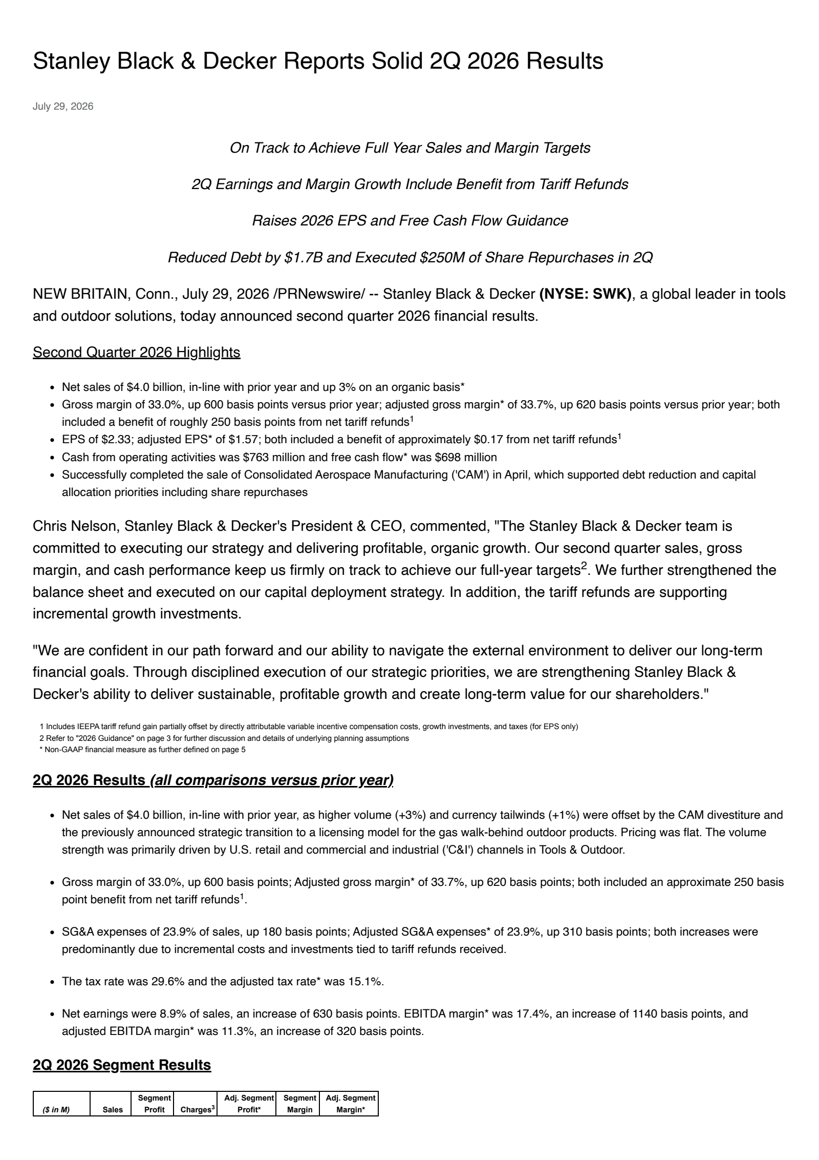 Stanley Black & Decker's Q2 2026 Press Release