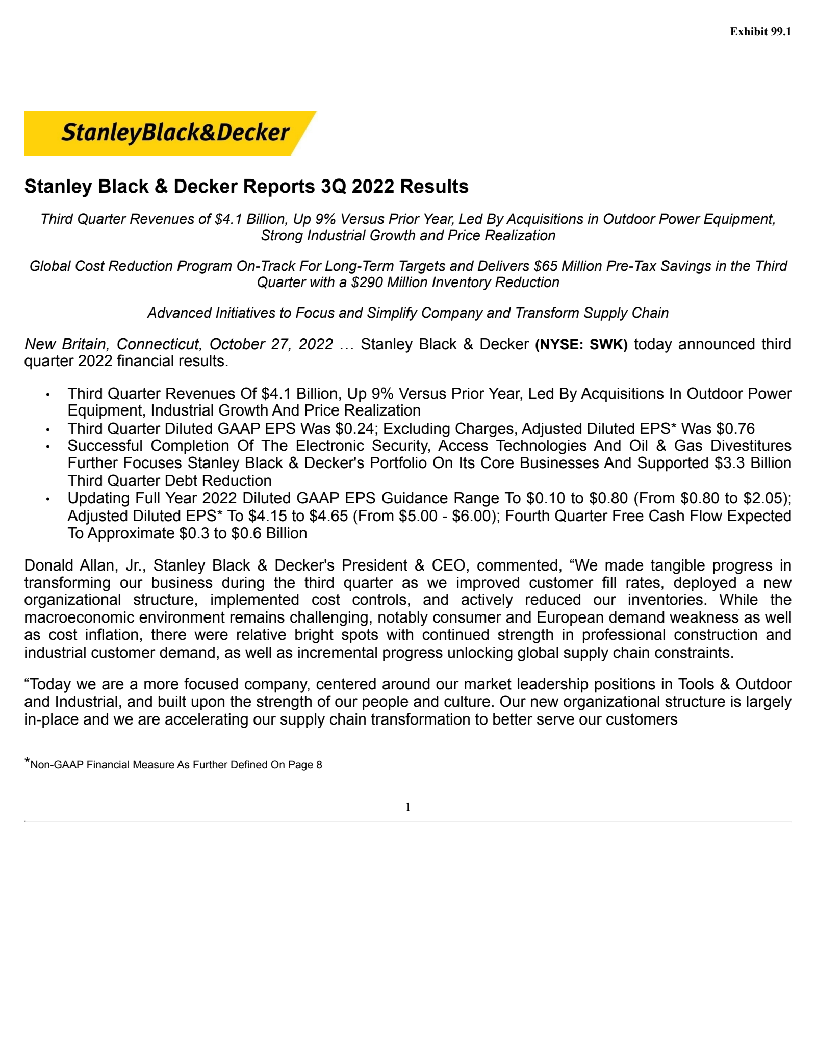 Stanley Black & Decker's Q3 2022 Press Release
