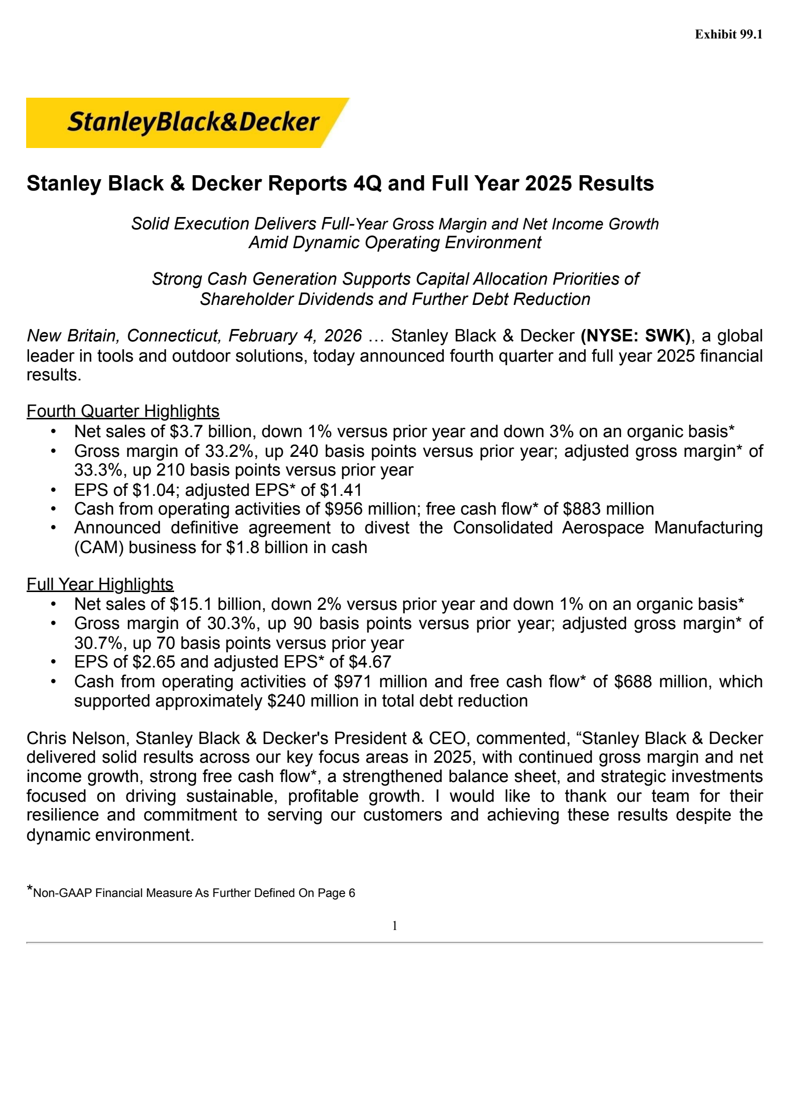 Stanley Black & Decker's Q4 2025 Press Release