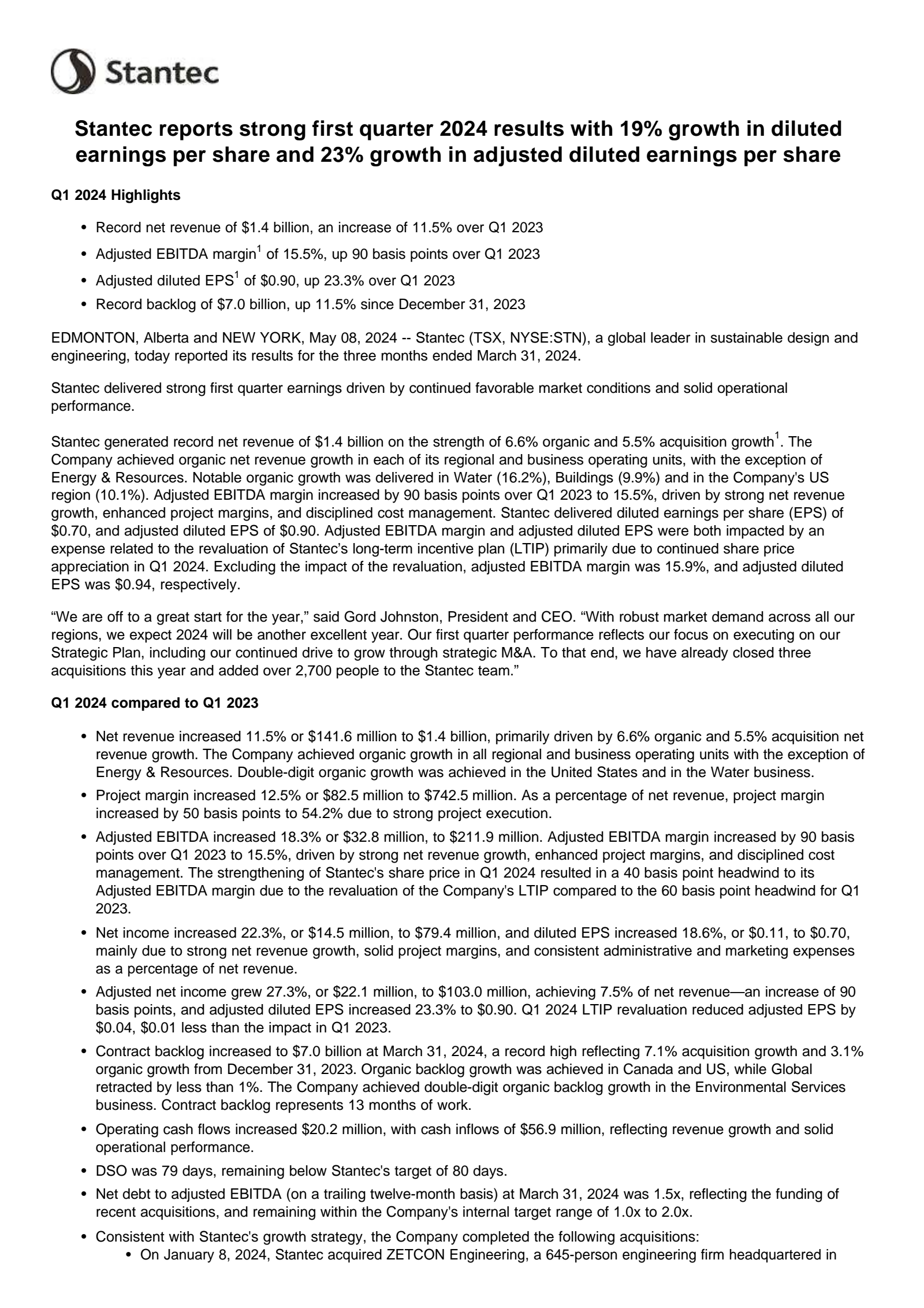 Stantec's Q1 2024 Press Release