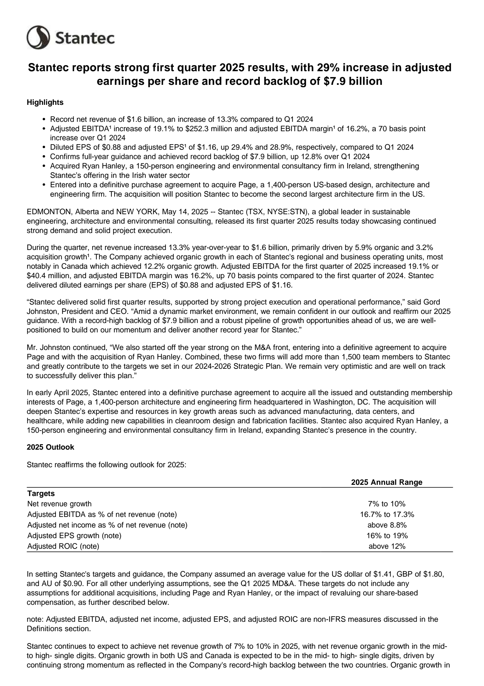Stantec's Q1 2025 Press Release