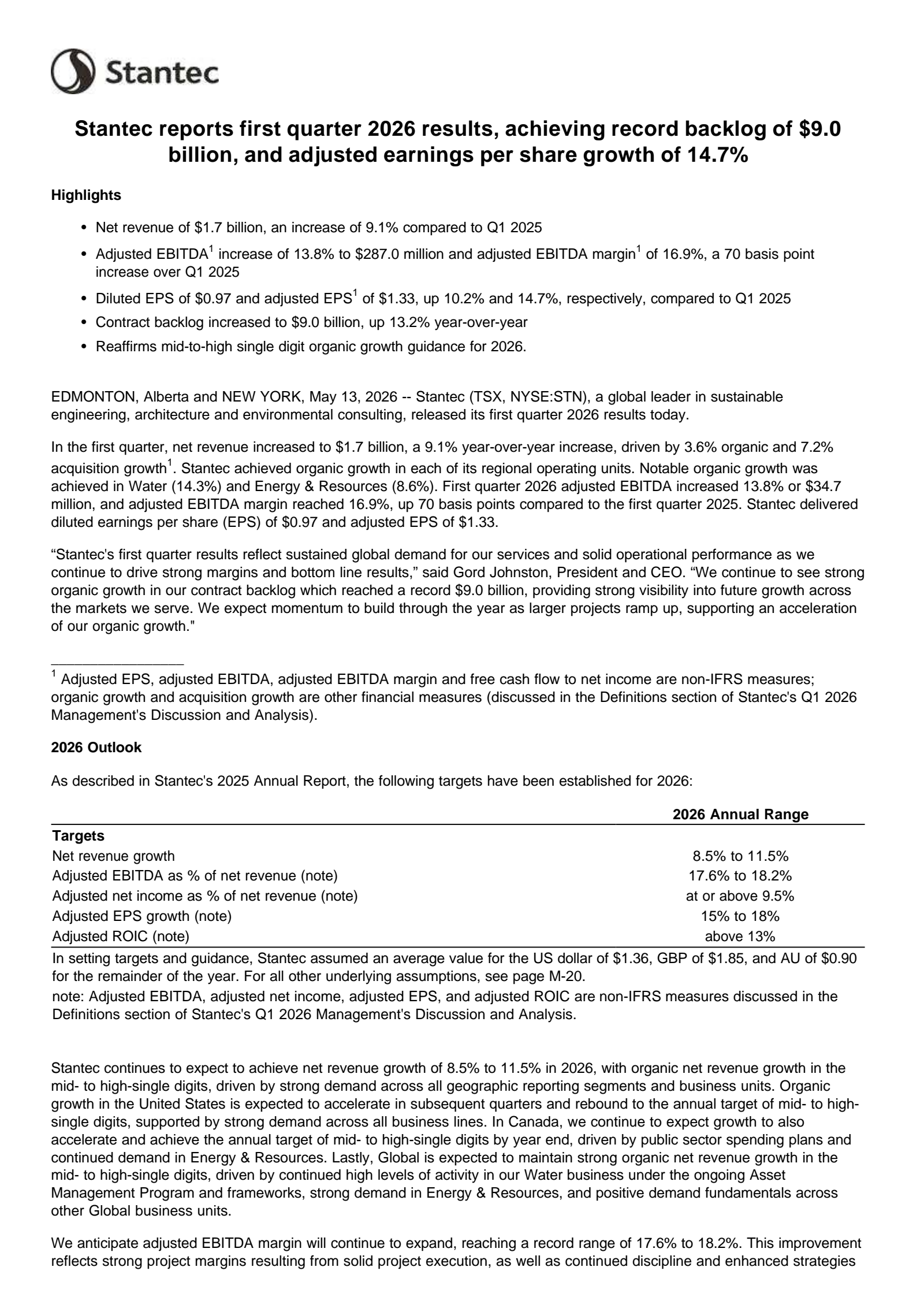 Stantec's Q1 2026 Press Release