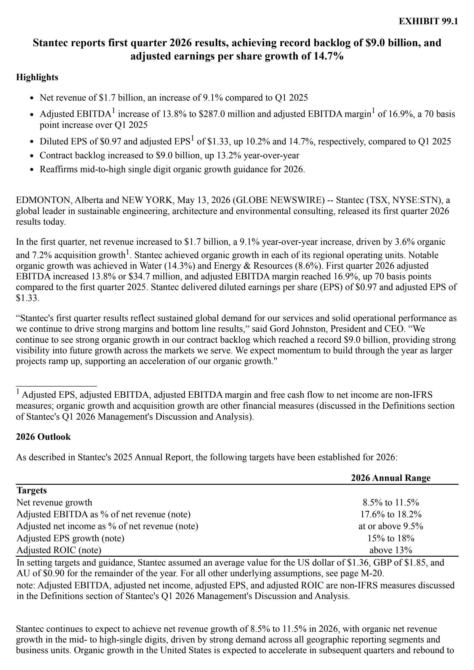 Stantec's Q1 2026 Press Release