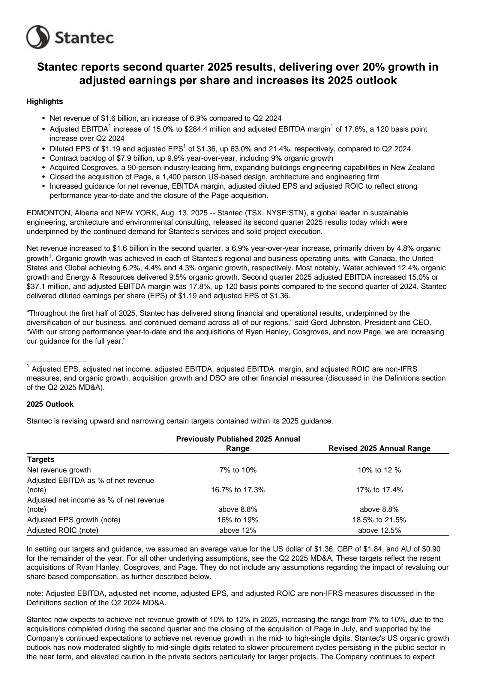 Stantec's Q2 2025 Press Release